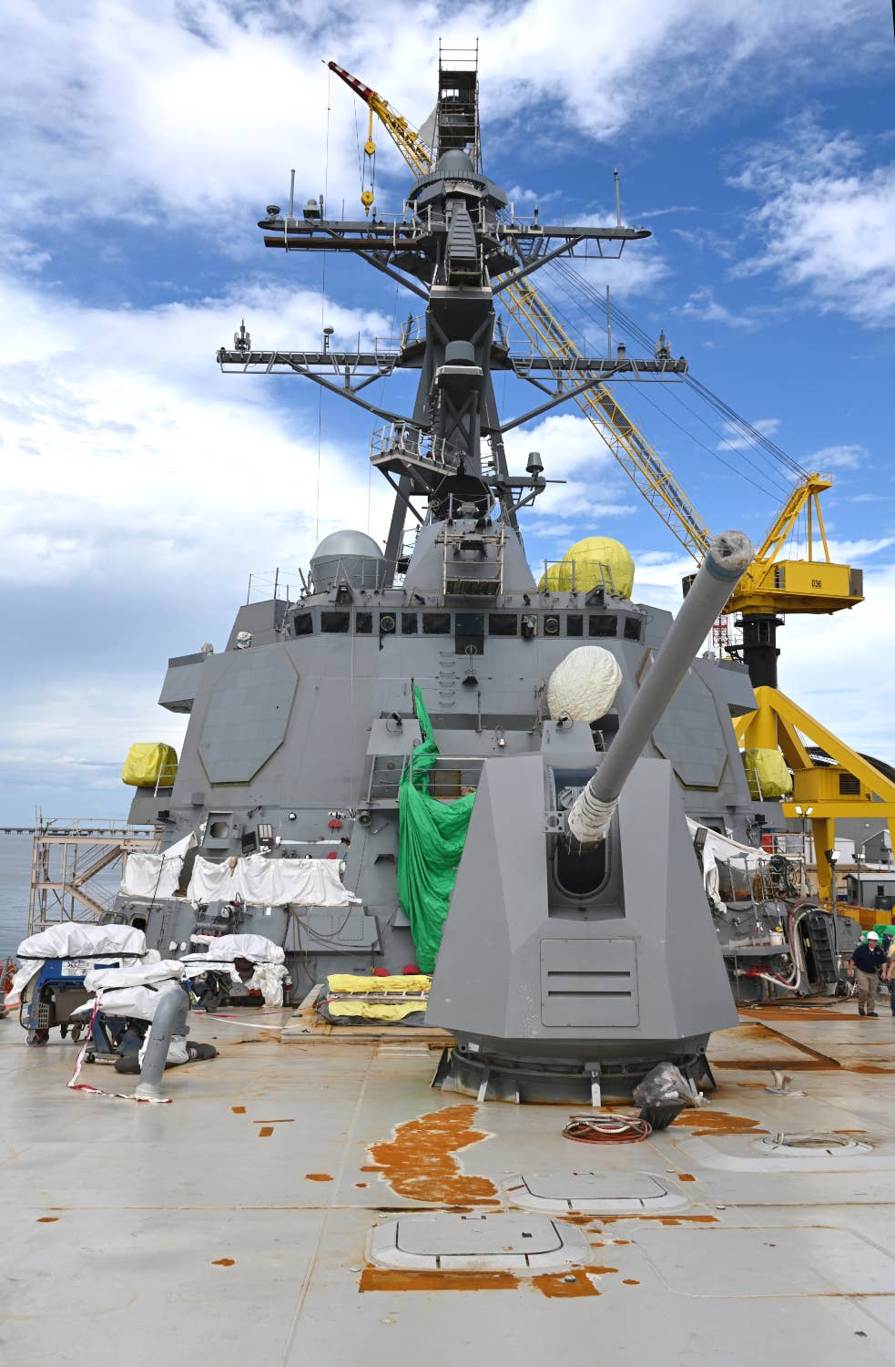 A closer look at the front of the main superstructure of the future USS<em> Jack H. Lucas</em>, with two of the four fixed-face arrays for its AN/SPY-6(V)1 radar clearly visible. <em>Chris Cavas photo</em>&nbsp;