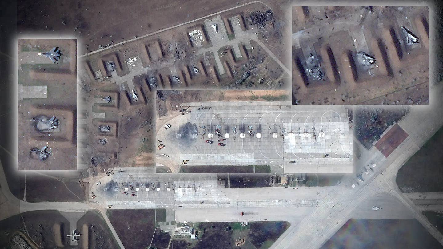 A satellite image of Saki Air Base taken on August 10, 2022, the day after a series of explosions ripped through the base.&nbsp;<em>PHOTO © 2022 PLANET LABS INC. ALL RIGHTS RESERVED. REPRINTED BY PERMISSION</em>