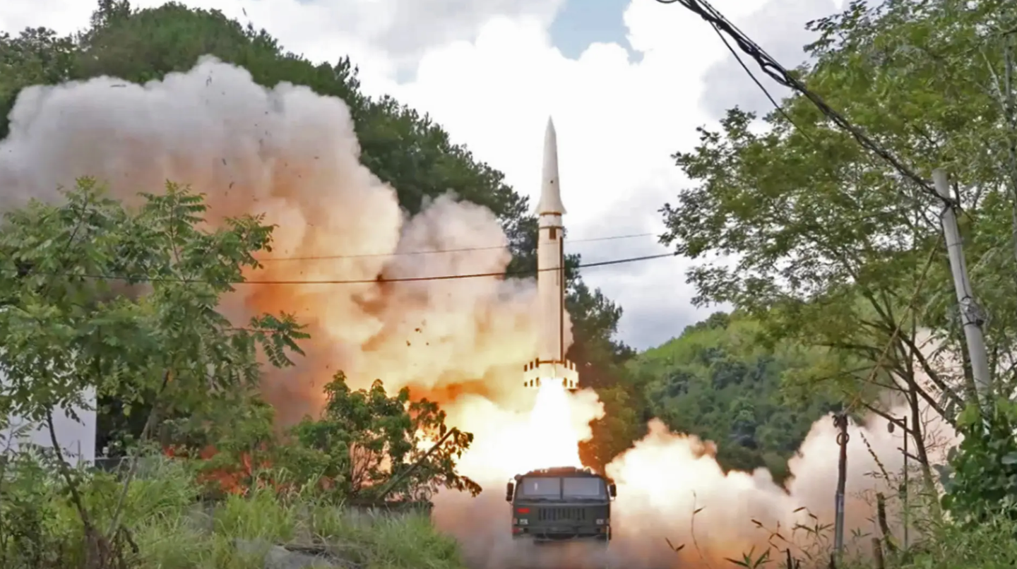 A screencap from an official PLA video showing the launch of a DF-15B short-range ballistic missile, purportedly from the series of exercises that began in August.&nbsp;<em>PLA</em>