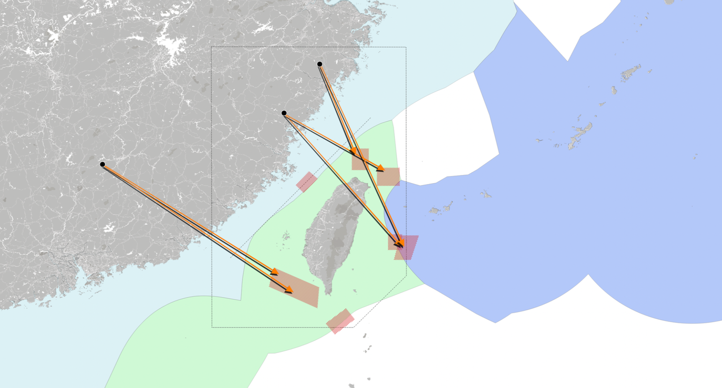 A map showing the different training areas used by the PLA around Taiwan this summer, with arrows indicating the directions of the SRBM launches from the Chinese mainland. The different colored shaded areas show the exclusive economic zones (EEZs) of the countries in the region.&nbsp;<em>DETRESFA_</em>