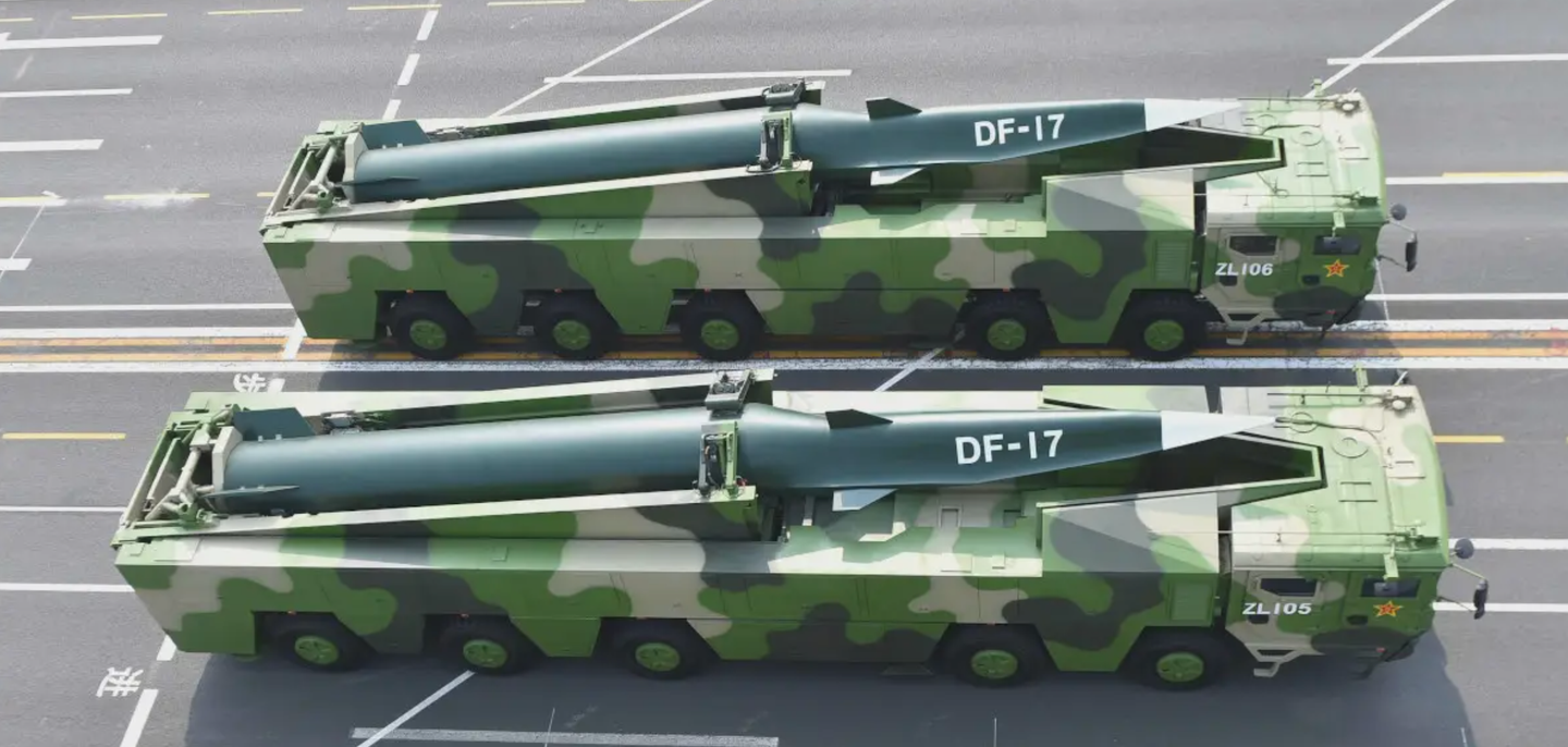 Two mockups of the Chinese DF-17 hypersonic missile on parade. This weapon combines the rocket booster from a short-range ballistic missile with an unpowered hypersonic boost-glide vehicle as the warhead.&nbsp;<em>China Military</em>