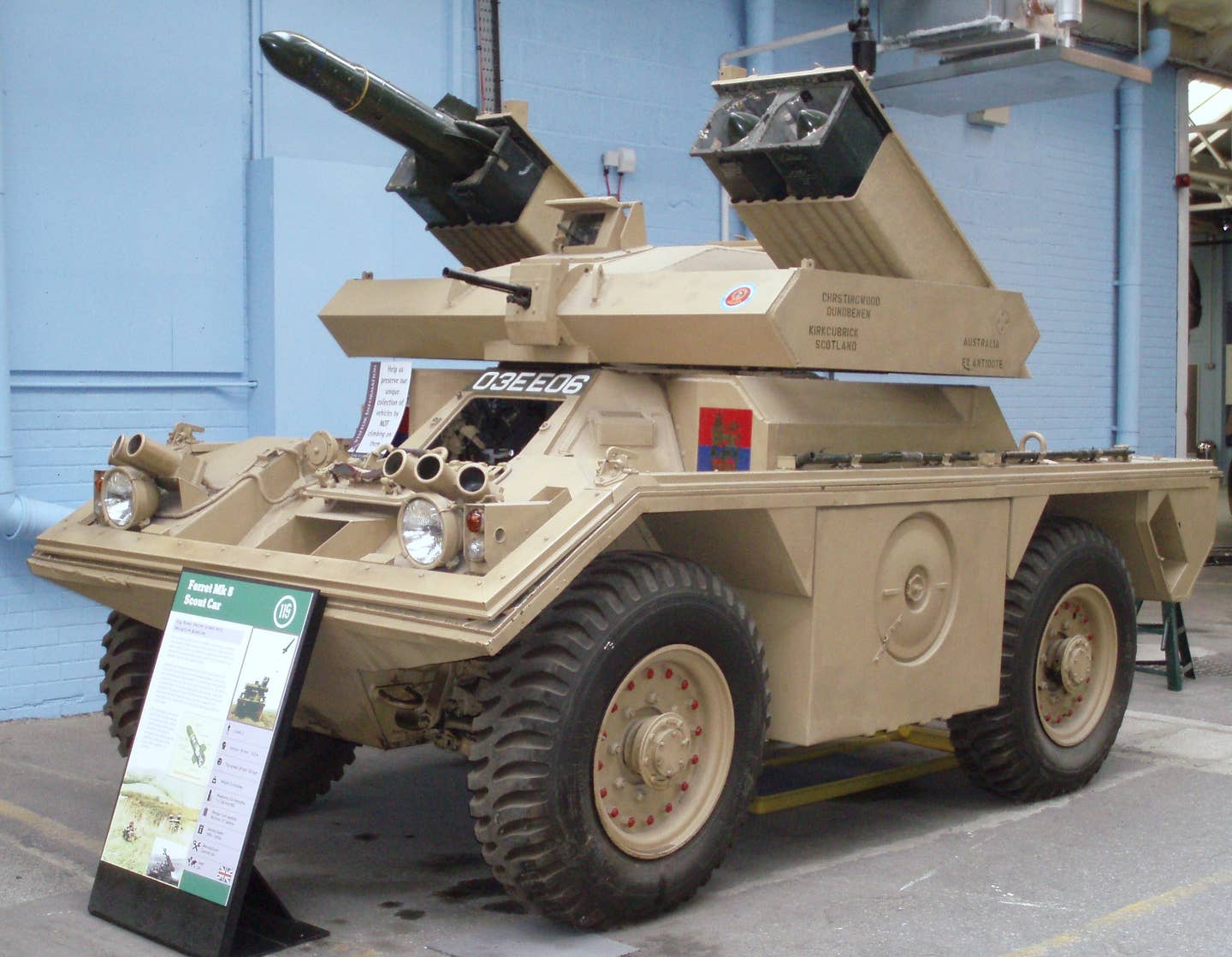 A Ferret Mk 5 at Bovington Tank Museum. This version was armed with four Swingfire anti-tank missiles. <em>DAVID HOLT/Wikimedia Commons</em>