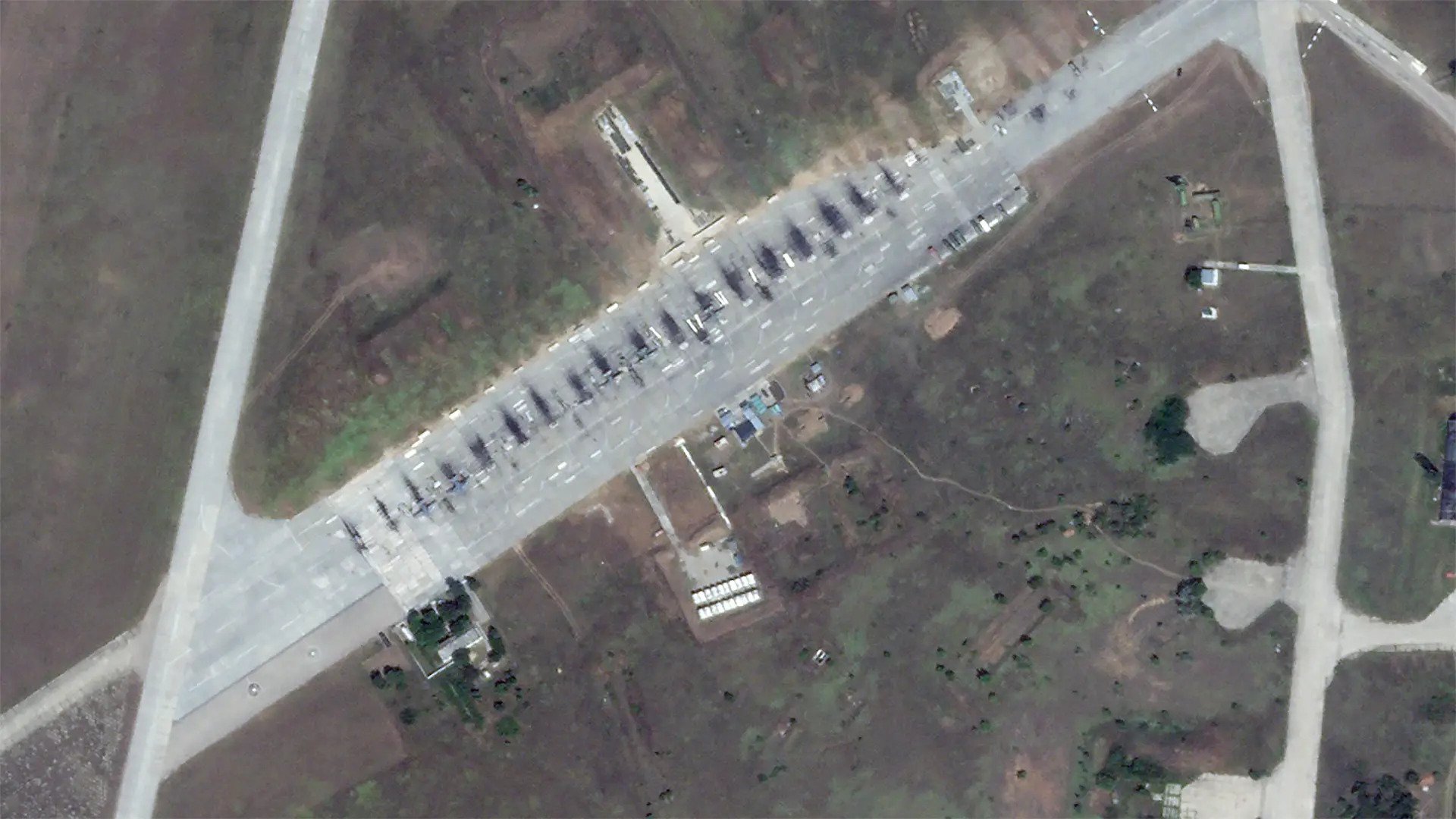 <em>A view of an apron at Russia’s Gvardeyskoe Air Base on the occupied Crimean Peninsula from a satellite image taken on August 17, 2022. PHOTO © 2022 PLANET LABS INC. ALL RIGHTS RESERVED. REPRINTED BY PERMISSION</em><br><br>
