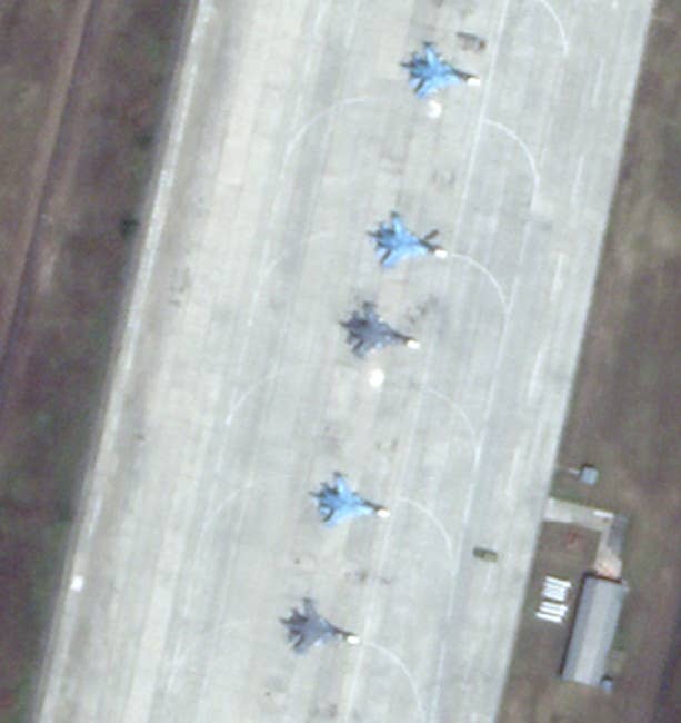 Some of the Su-34 Fullbacks in the August 17 image of Gvardeyskoe. <em>PHOTO © 2022 PLANET LABS INC. ALL RIGHTS RESERVED. REPRINTED BY PERMISSION</em>