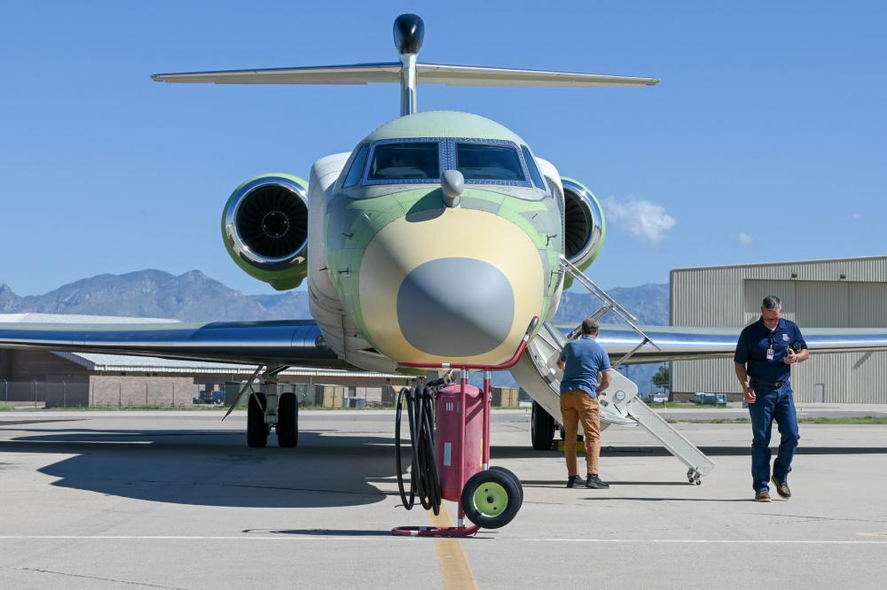An EC-37B Compass Call parks after its arrival at Davis-Monthan Air Force Base, Arizona, Aug. 17, 2022. <em>Credit: U.S. Air Force</em>