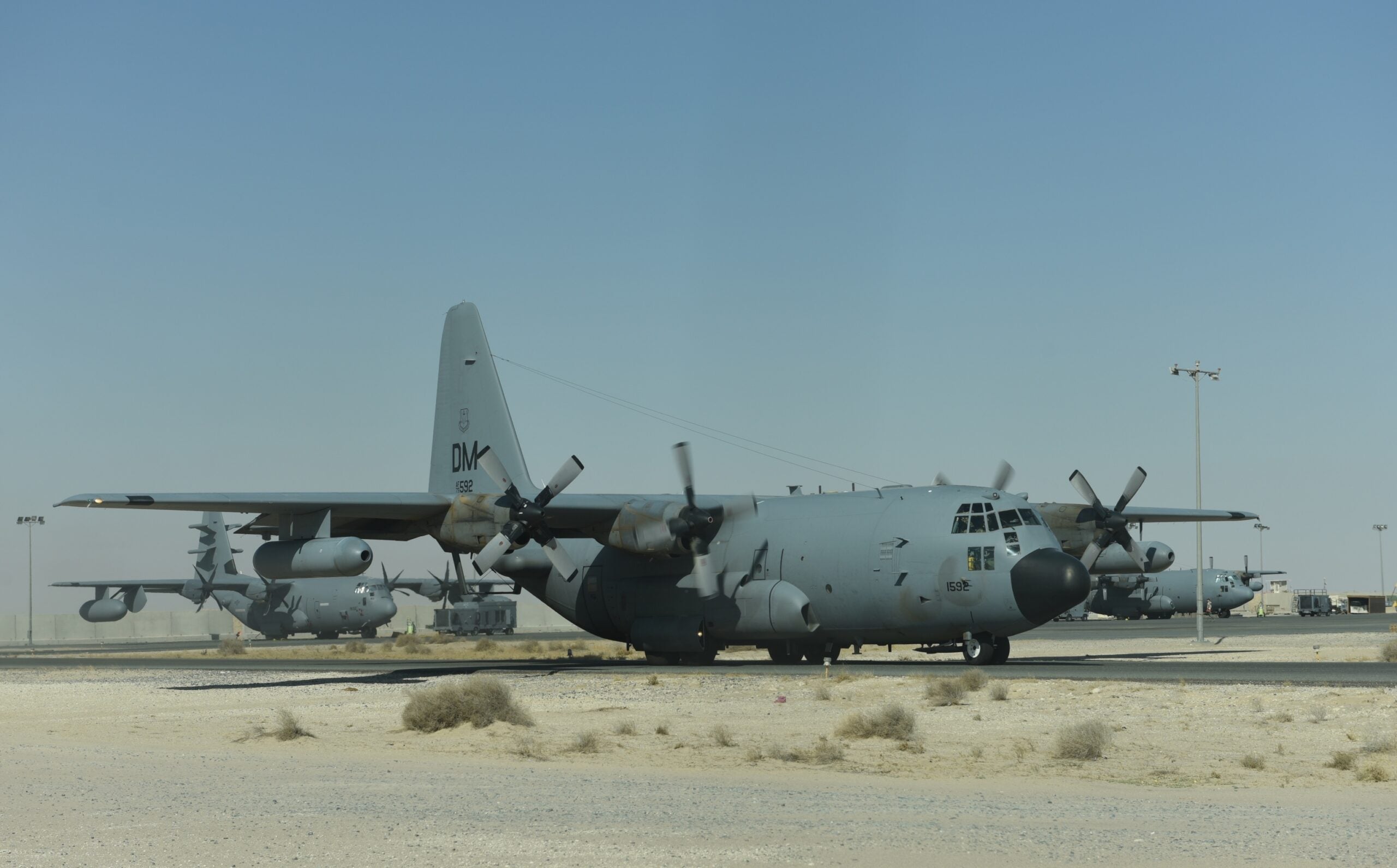 An EC-130H Compass Call travels along the taxiway at an undisclosed location in Southwest Asia, June 27, 2017. Compass Call is an airborne tactical weapon system that uses noise jamming to disrupt enemy command and control communications and deny time-critical adversary coordination essential for enemy force management. (U.S. Air Force photo by Tech. Sgt. Jonathan Hehnly)