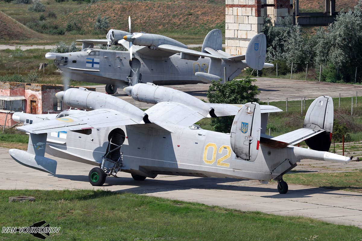 Ukrainian Navy Be-12s at Kul’bakino Air Base. <em>Igor Dvurekov/Wikimedia <em>Ivan Voukadinov</em></em>
