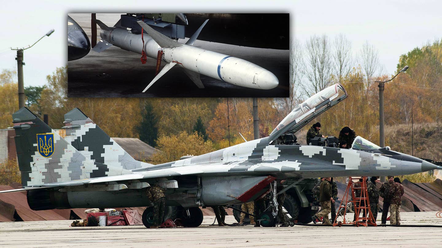 A picture of a two-seat MiG-29UB Fulcrum belonging to the Ukrainian Air Force, with an inset showing an AGM-88 High-speed Anti-Radiation Missile.