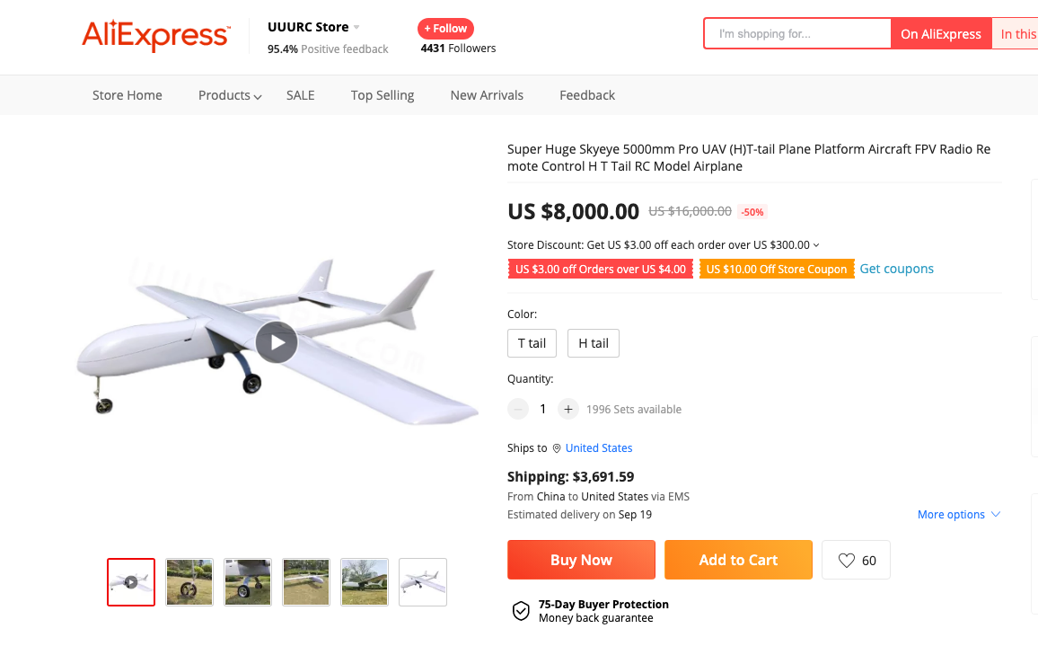 One Skyeye 5000mm drone being sold on Alibaba for $8,000.&nbsp;<em>Credit: Alibaba</em>