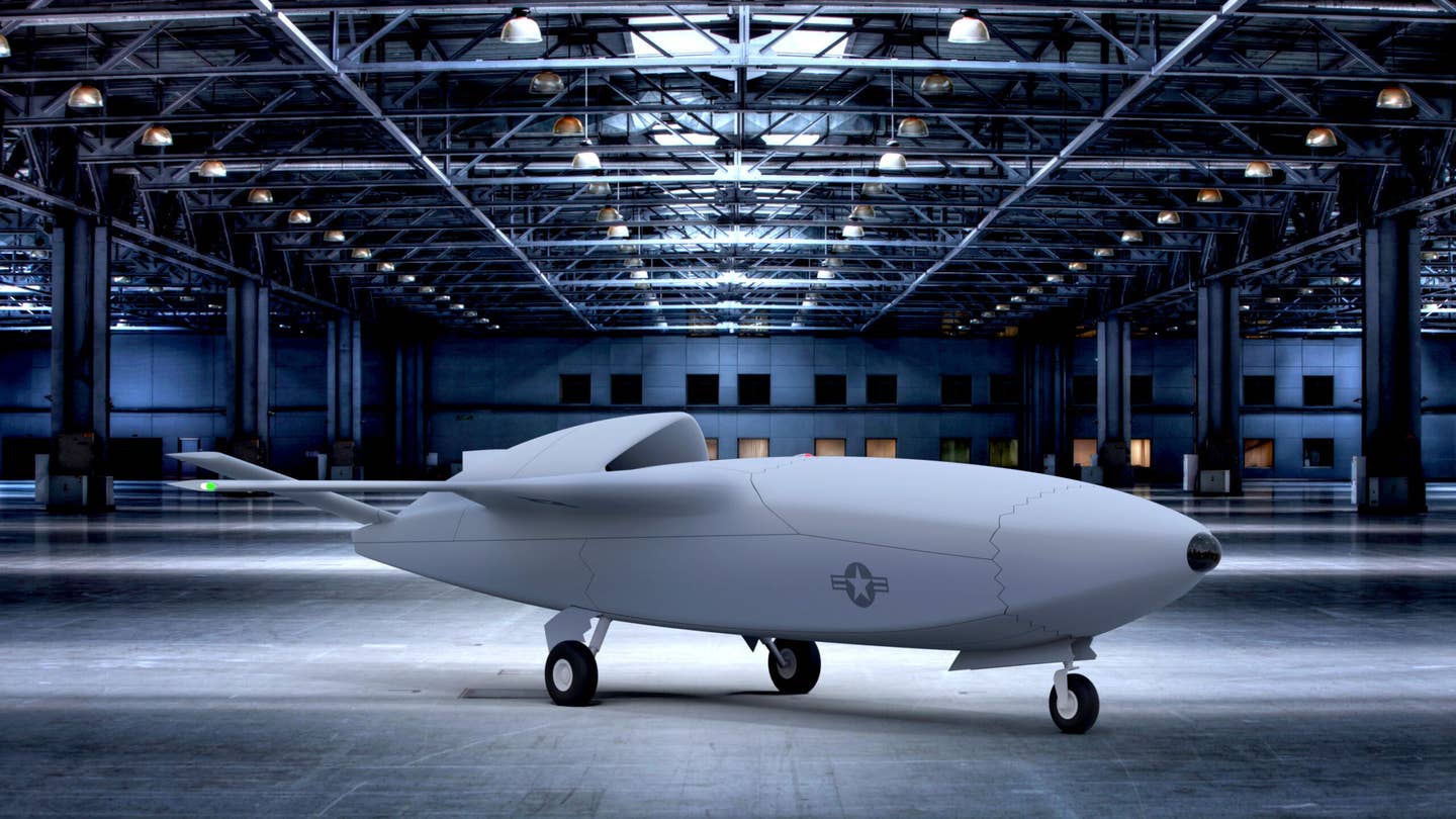 A conceptual design produced under the Skyborg program, for a low-cost and attritable unmanned combat aerial vehicle. <em>Air Force Research Laboratory artwork</em>
