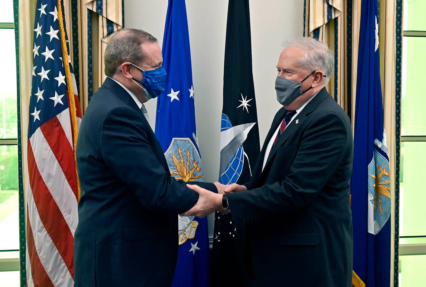 Andrew Hunter, the Assistant Secretary of the Air Force for Acquisition, Technology, and Logistics meets with Secretary of the Air Force Frank Kendall during an office call at the Pentagon, earlier this year. <em>U.S. Air Force photo by Wayne Clark</em>