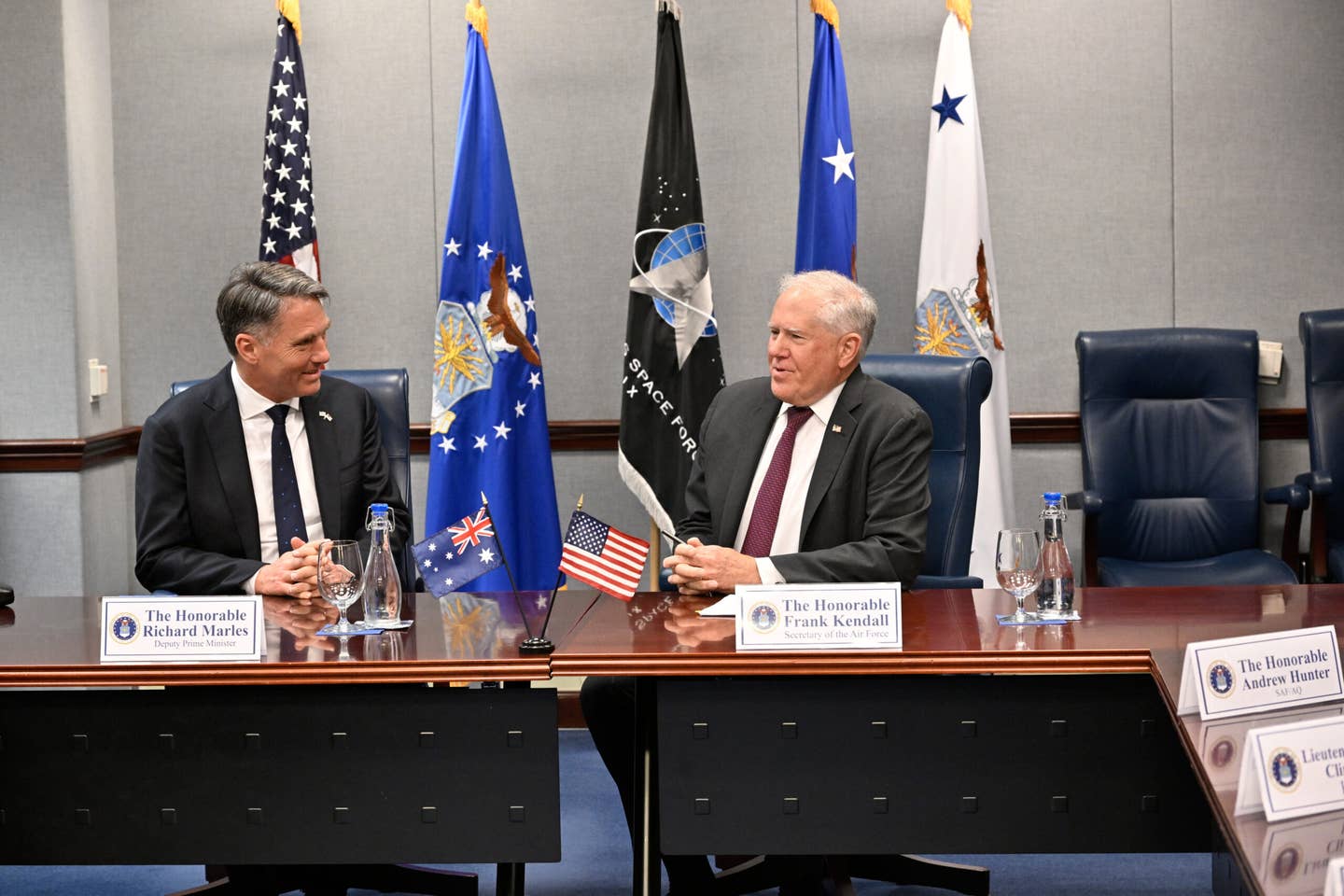 Australian Deputy Prime Minister and Minister for Defense, Richard Marles (left), with the Secretary of the U.S. Air Force, Frank Kendall, during a bilateral meeting at the Pentagon, Washington DC. <em>Australian Department of Defense</em>
