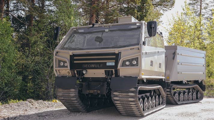Beowulf consists of two tracked sections: one with a cab and one solely for the transportation of troops and equipment. <em>BAE Systems</em>