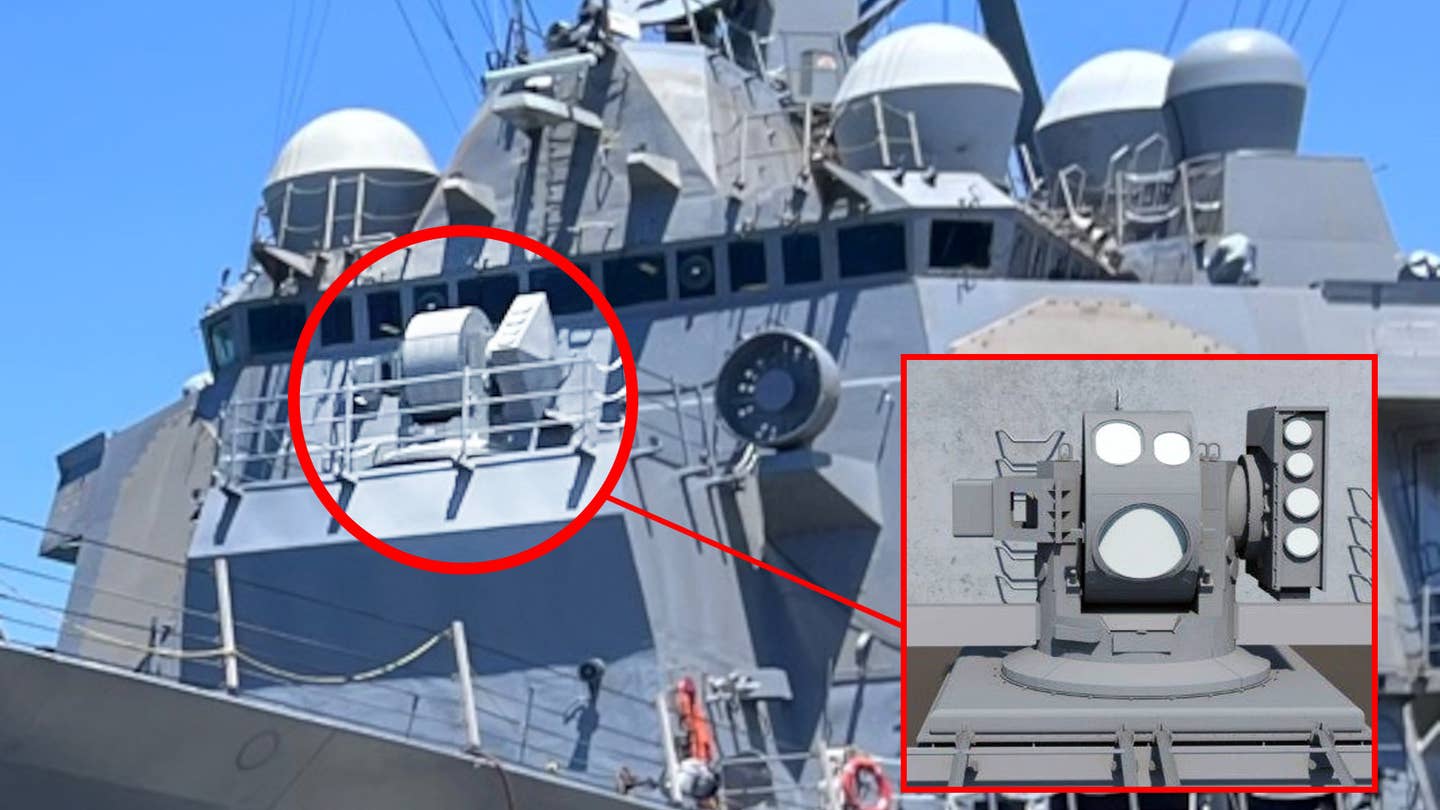 A look at the new High-Energy Laser with Integrated Optical Dazzler and Surveillance (HELIOS) laser directed energy weapon installed on the Arleigh Burke class destroyer USS Preble, with an inset showing a rendering of the system.