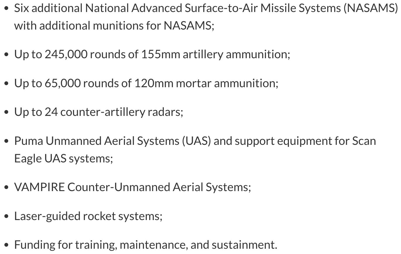 The list of weapons and supplies that the Pentagon has pledged to send to Ukraine in the biggest tranche of security assistance for the country to date. <em>Credit: Screenshot from Department of Defense website</em>