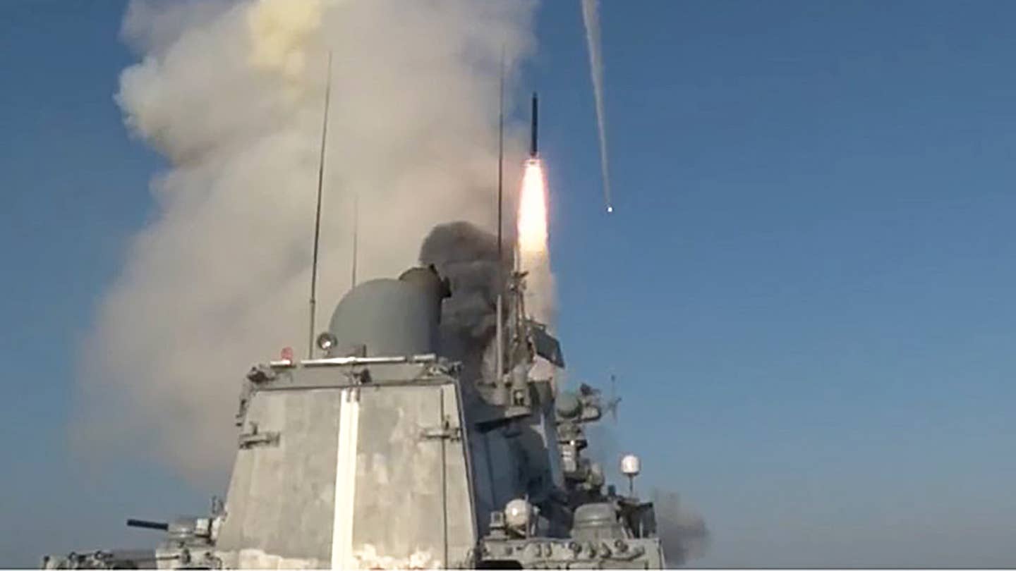 A 3M14 Kalibr cruise missile launches from a Russian warship. <em>Russian Ministry of Defense</em>