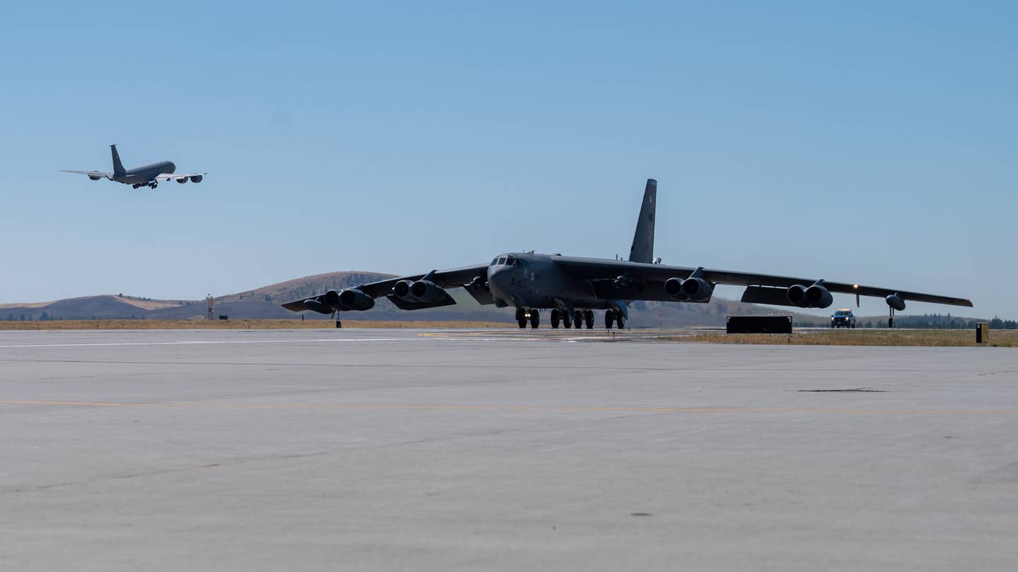 A B-52H Stratofortress lands at Fairchild Air Force Base, Washington during an Agile Combat Employment exercise. <em>Credit: Senior Airman Chase Sullivan/U.S. Air Force</em>