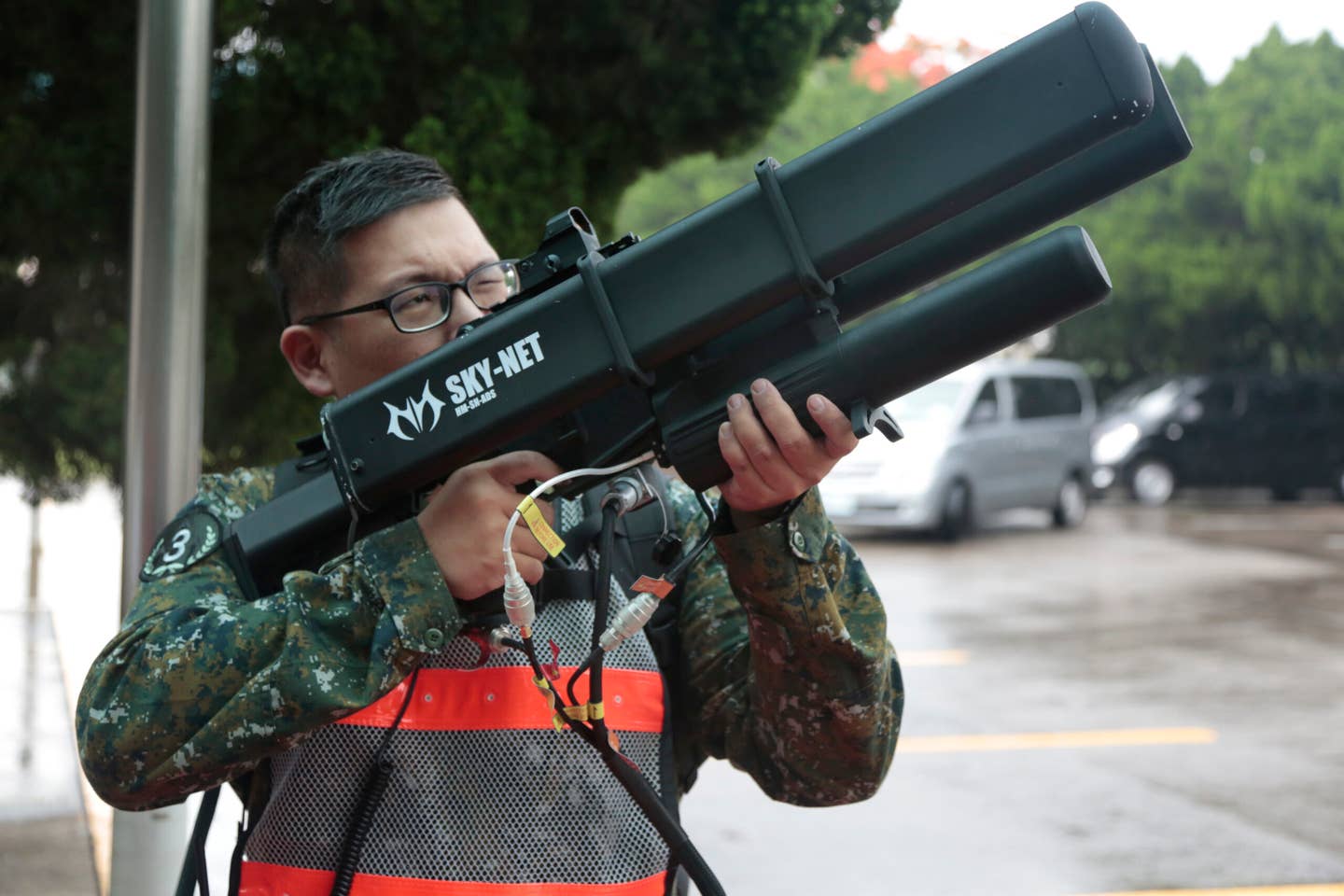 A <a href="https://anti-drones.net/">Sky Net</a> anti-drone gun of the Republic of China Air Force during an anti-invasion drill in Chang-Hua, Taiwan, in May 2019. <em>Photo by Patrick Aventurier/Getty Images</em>