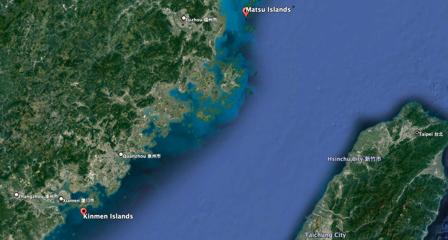 A map showing the general locations of the islands of Kinmen and Matsu, just off the coast of mainland China.&nbsp;<em>Google Earth</em>