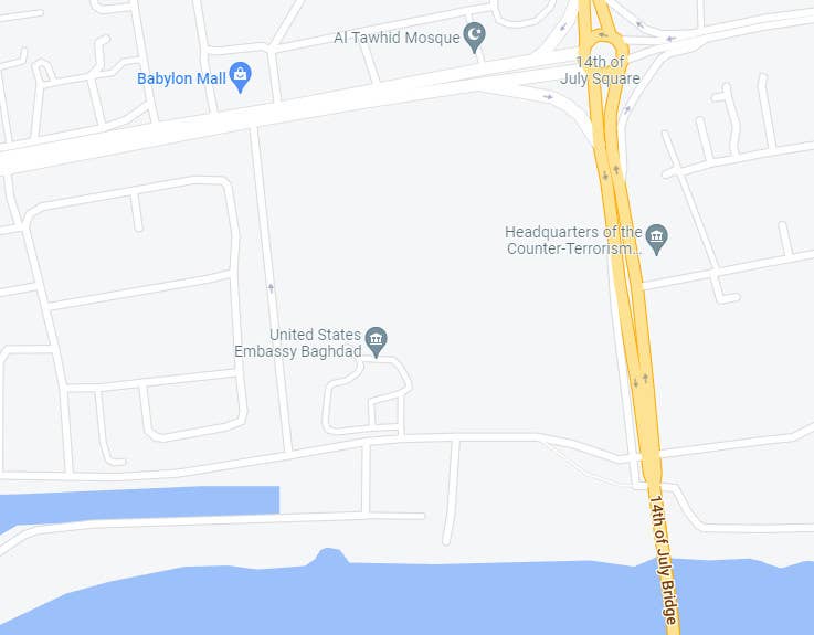 A screenshot from Google Maps showing the location of the US Embassy, which sits within a larger compound, as well as what is identified as the CTS headquarters across the street. <em>Google Maps</em>