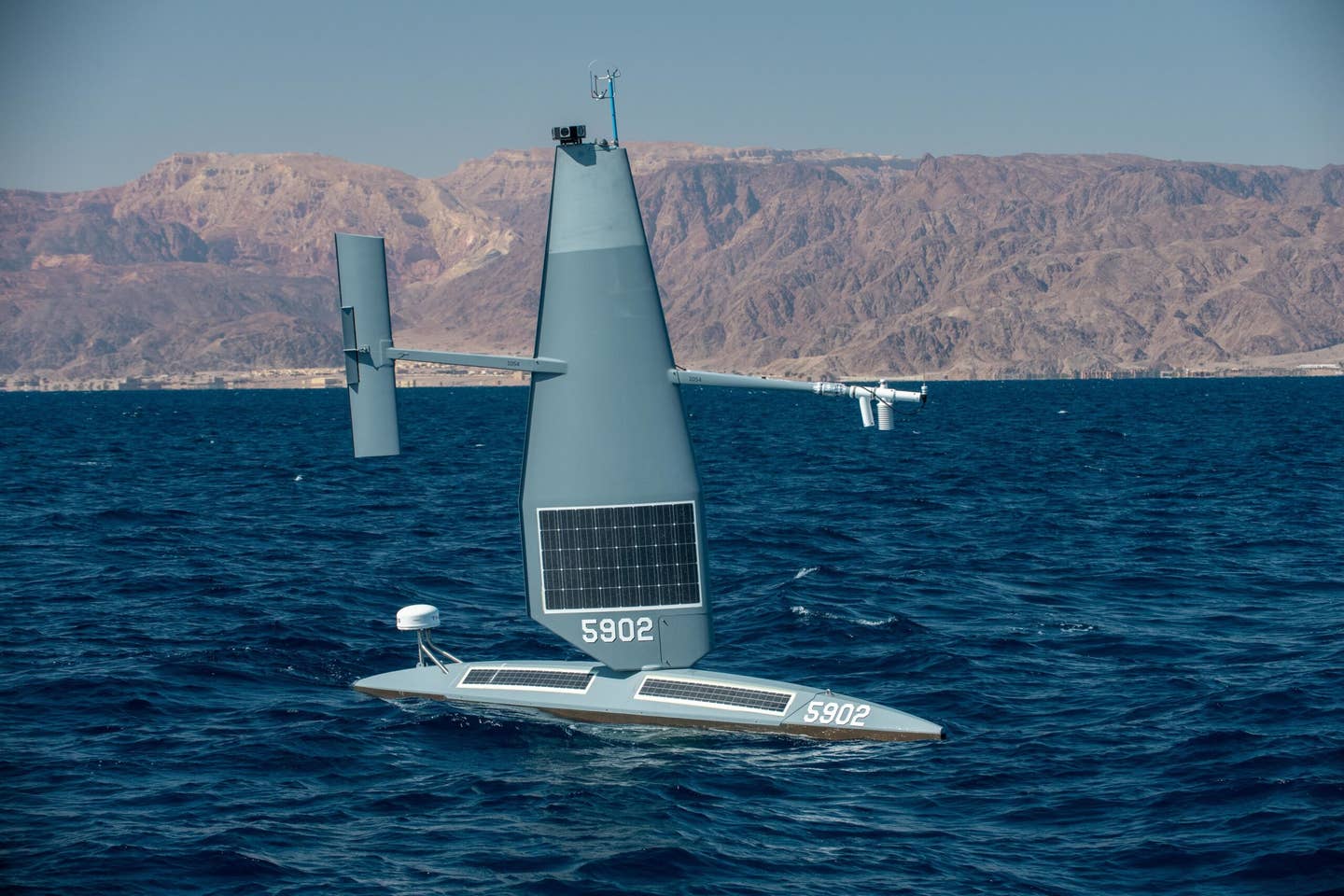 A Saildrone Explorer unmanned surface vessel sails in the Gulf of Aqaba during International Maritime Exercise/Cutlass Express 2022. <em>Credit: Mass Communication Specialist 2nd Class Dawson Roth/U.S. Navy</em>