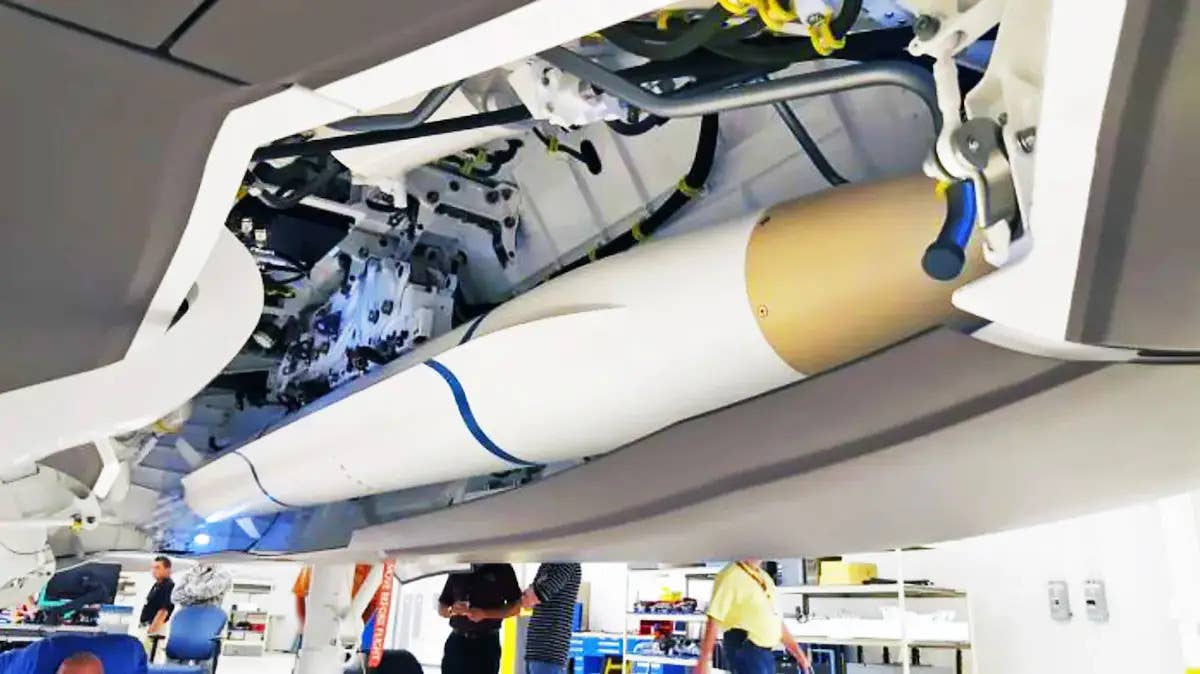 An AARGM-ER prototype during a fit check inside the internal bay of an F-35 Joint Strike Fighter. <em>Orbital ATK</em>