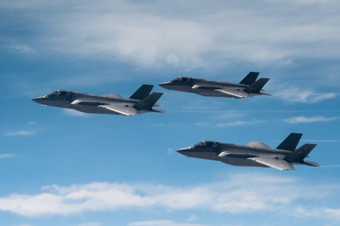 South Korea already operates the conventional takeoff and landing F-35A, with a follow-on order expected to include carrier-capable F-35Bs, Here, U.S. Air Force and Republic of Korea Air Force F-35As fly together over Korea in July 2022. <em>U.S. Air Force photo by Senior Airman Trevor Gordnier</em>