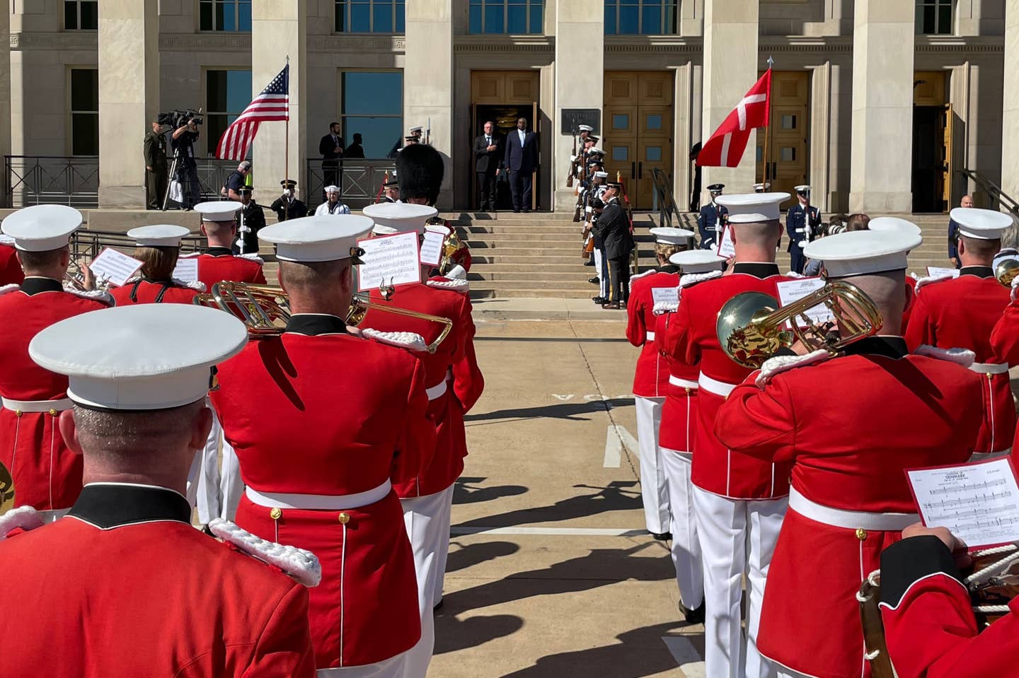 The U.S. Marine Band plays the Danish national anthem as Secretary of Defense Lloyd J. Austin III welcomes Danish Defense Minister Morten Bodskov for meetings at the Pentagon, Sept. 1, 2022.