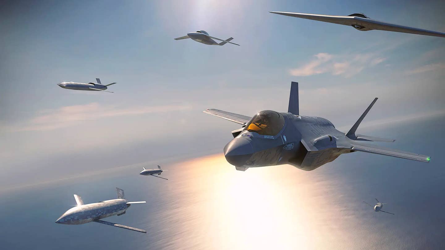 Lockheed Martin Skunk Works' concept art showing an F-35A Joint Strike Fighter flying with various types of drones. The company has used this to illustrate its own vision for a future multi-layered manned-unmanned teaming architecture that it is pitching to the US Air Force. <em>Lockheed Martin Skunk Works</em>