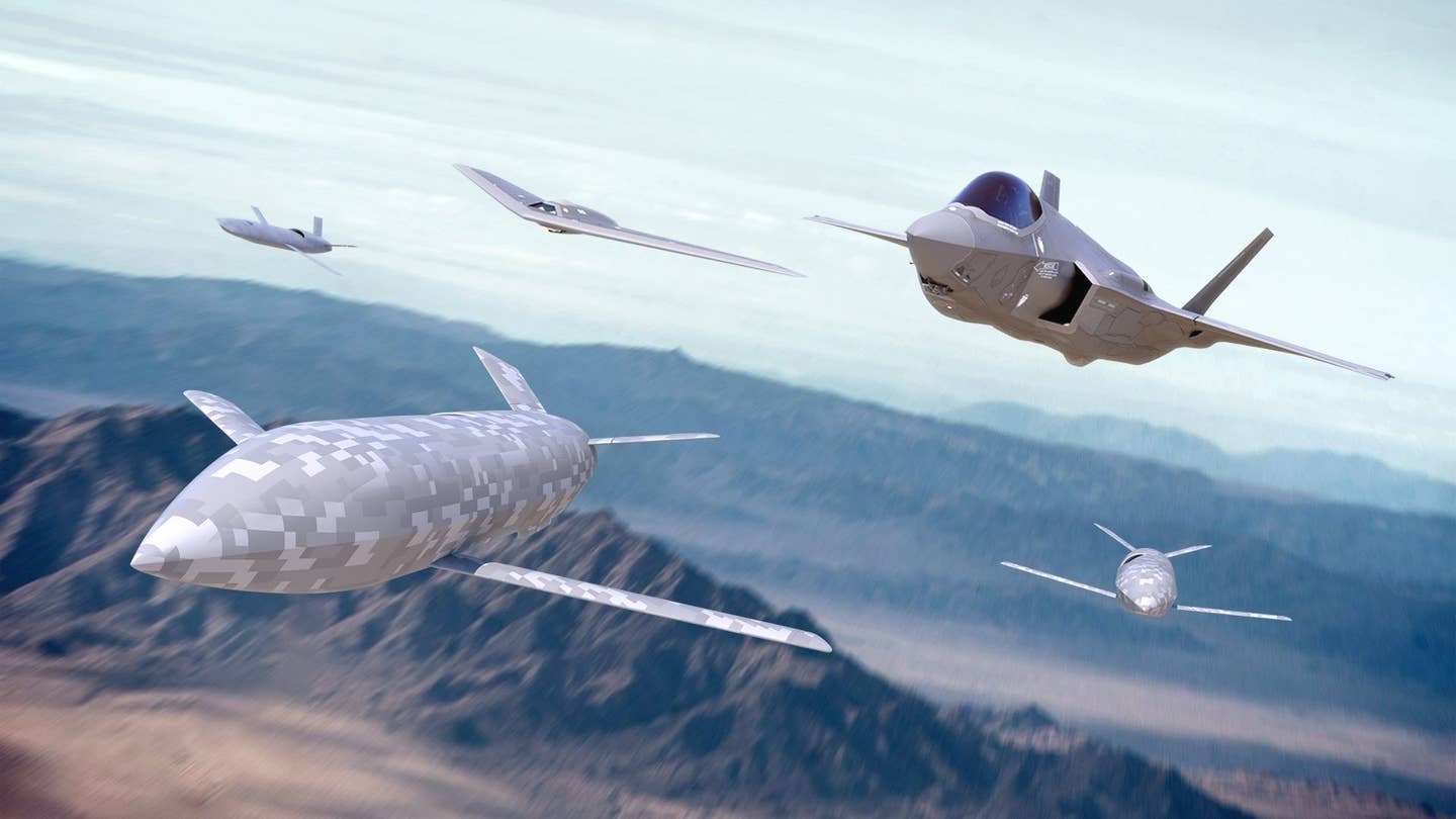 Concept art from Lockheed Martin showing an F-35 Joint Strike Fighter, at top right, flying with various types of uncrewed aircraft. <em>Lockheed Martin</em>