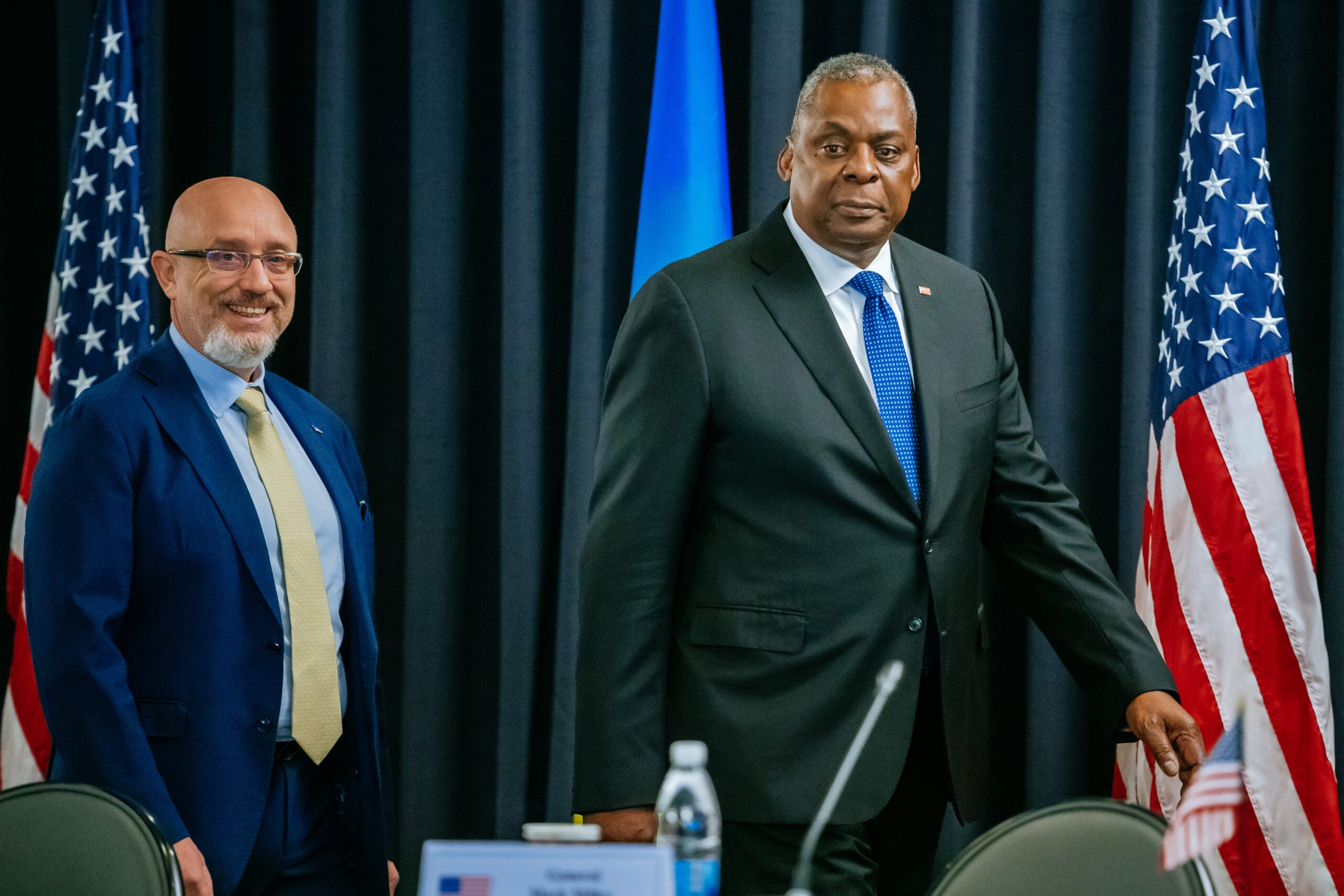 U.S. Secretary of Defense Lloyd Austin (L) and Ukrainian Defense Minister Oleksii Reznikov (R) attend a meeting of the Ukraine Defence Contact Group at tRamstein air base on Sept. 08. Thomas Niedermueller/Getty Images
