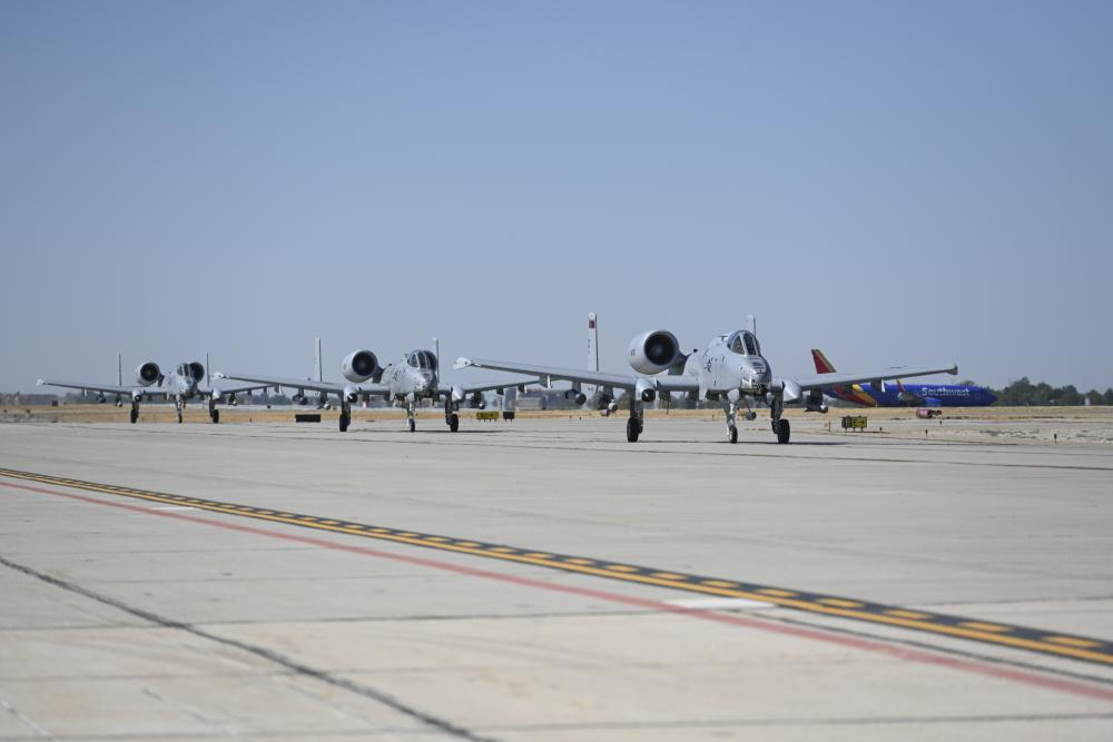 Three A-10 Warthogs taxi on the runway ahead of the Hawgsmoke competition. <em>Credit: U.S. Air Force photo by Staff Sergeant Joseph R. Morgan</em>
