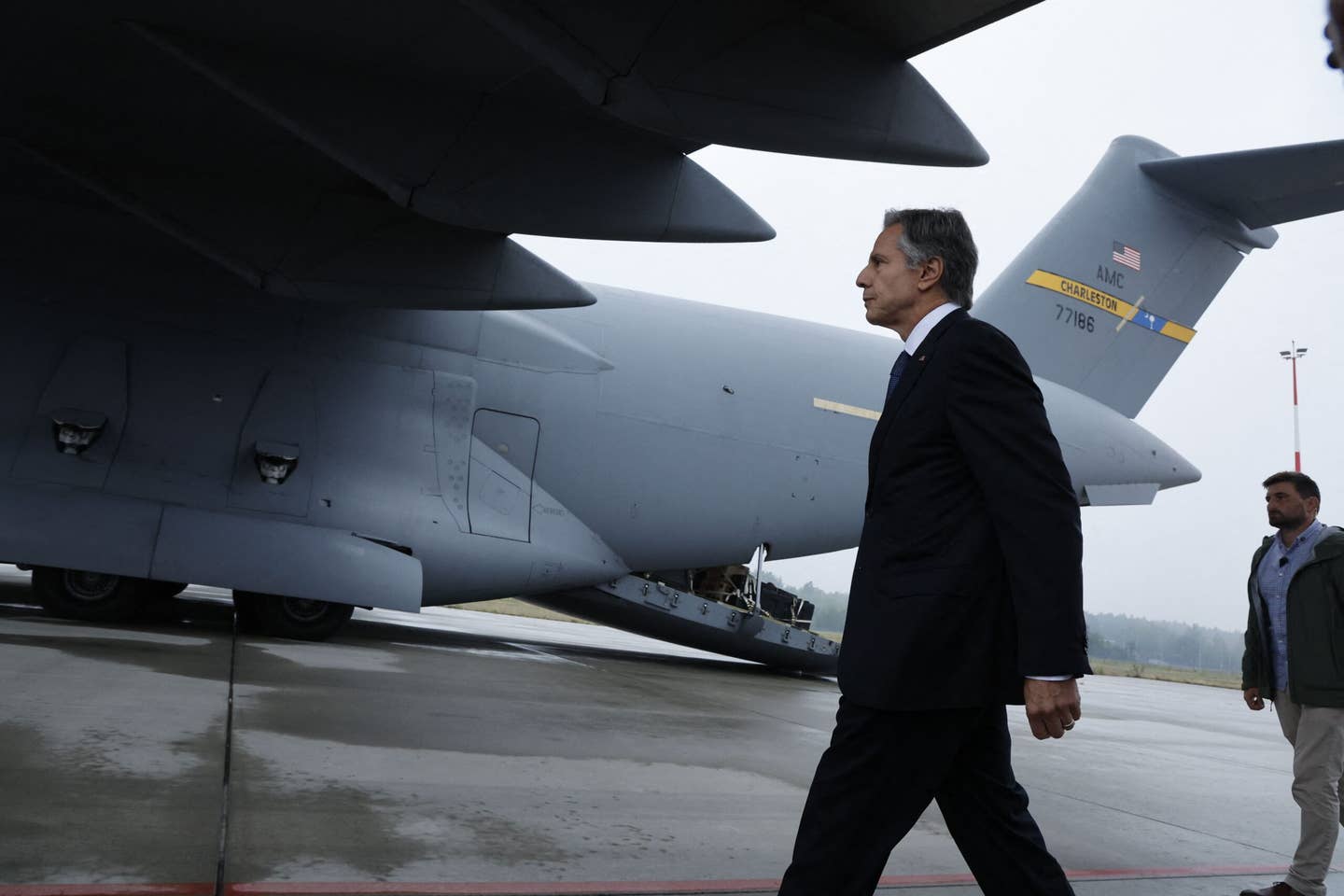 U.S. Secretary of State Antony Blinken arrives to board a plane to travel to Brussels ahead of a meeting with NATO counterparts on Sept. 9, 2022. <em>JONATHAN ERNST AFP via Getty Images</em>