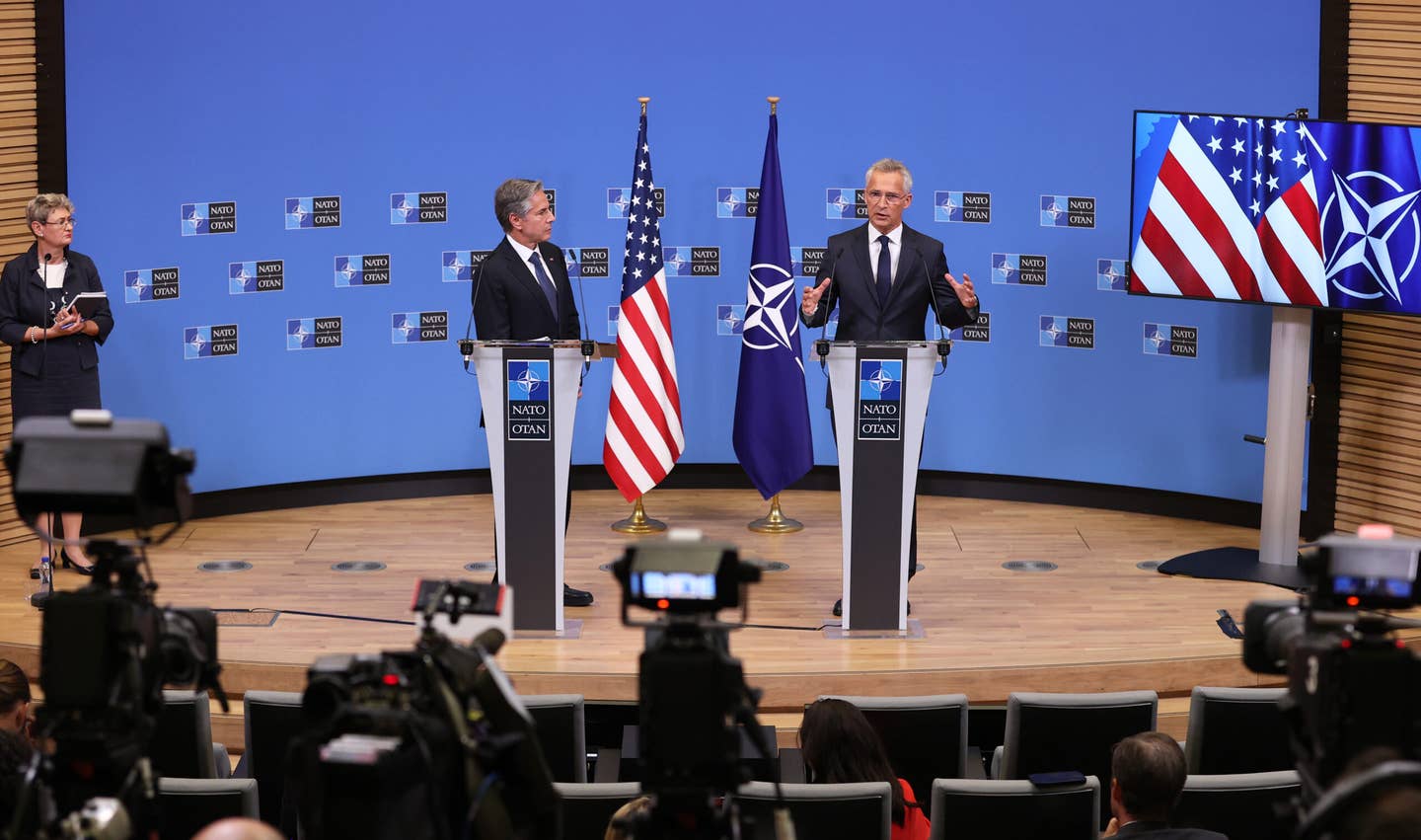 NATO Secretary General Jens Stoltenberg and US Secretary of State Antony Blinken hold a joint press conference after their meeting in Brussels, Belgium. <em>Dursun Aydemir/Anadolu Agency via Getty Images</em>