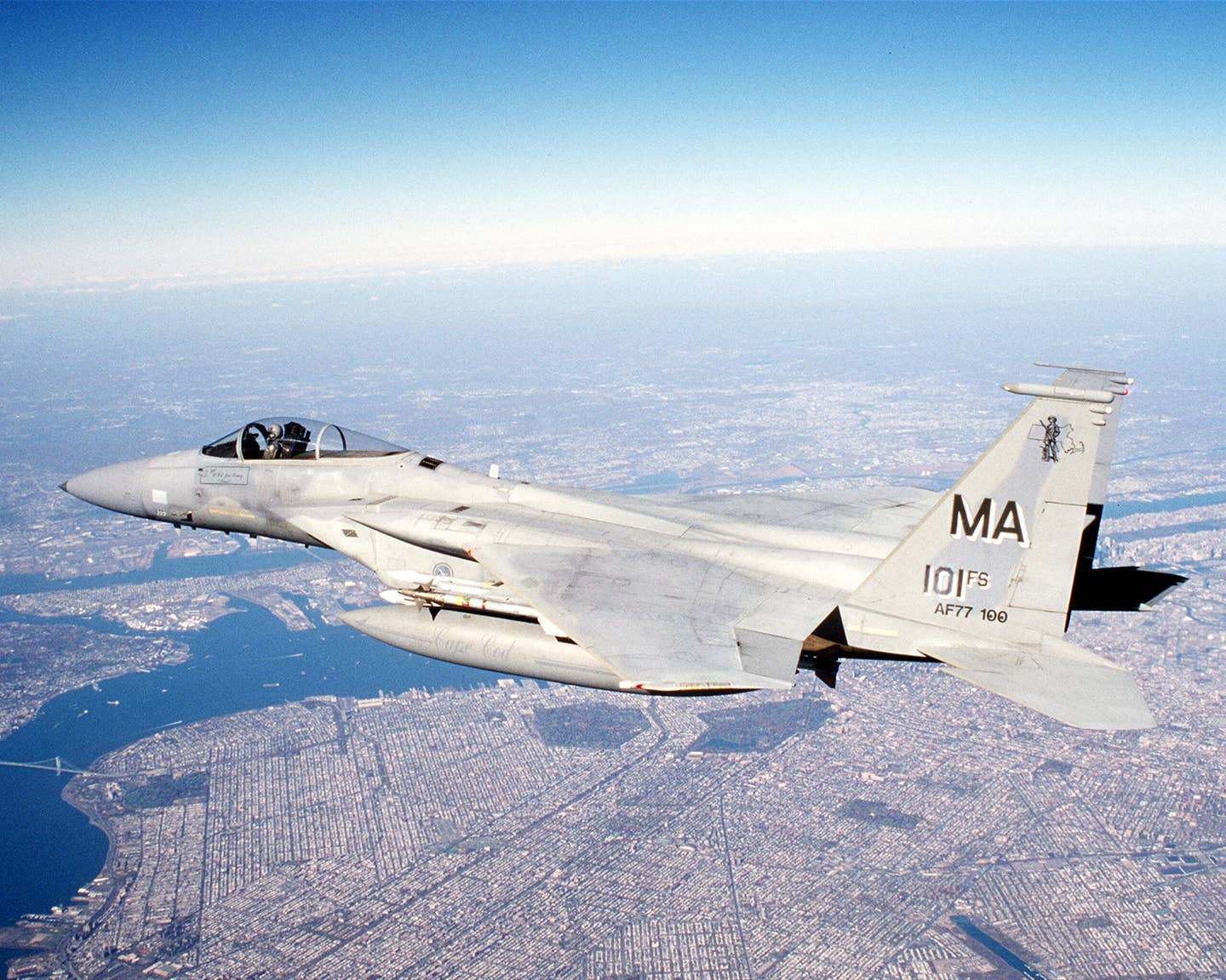 An F-15 Eagle from the Massachusetts Air National Guard"s 102nd Fighter Wing flies a combat air patrol mission over New York City November 6, 2001 in support of Operation Noble Eagle which has patrolled American skies since September 11, 2001. <em>Credit: Photo by Lt. Col. Bill Ramsay/U.S. Air Force/Getty Images</em>