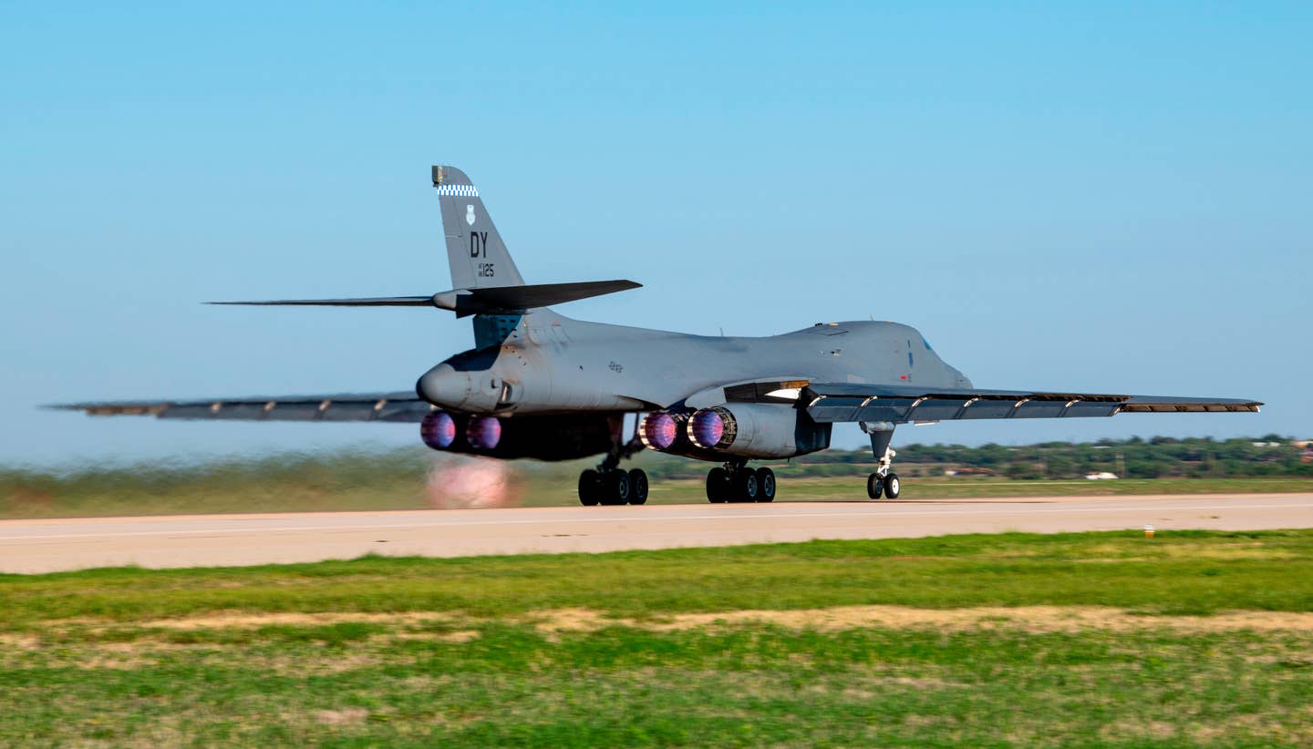 A US Air Force B-1B bomber departs from Dyess Air Force Base in Texas on a recent counter-illegal fishing sortie. <em>USAF / Senior Airman Mercedes Porter</em>