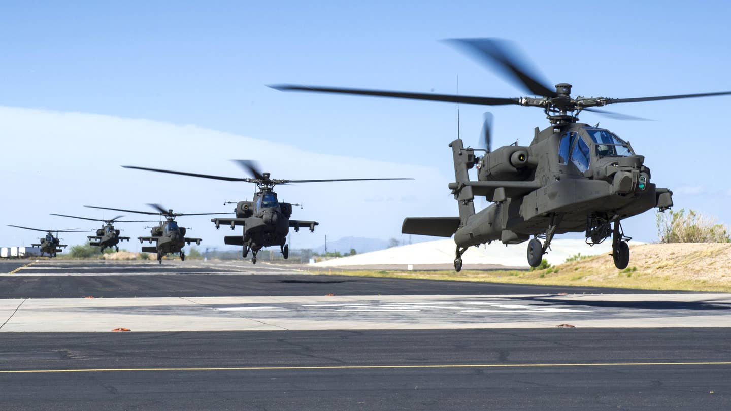 US Army AH-64 Apache attack helicopters.