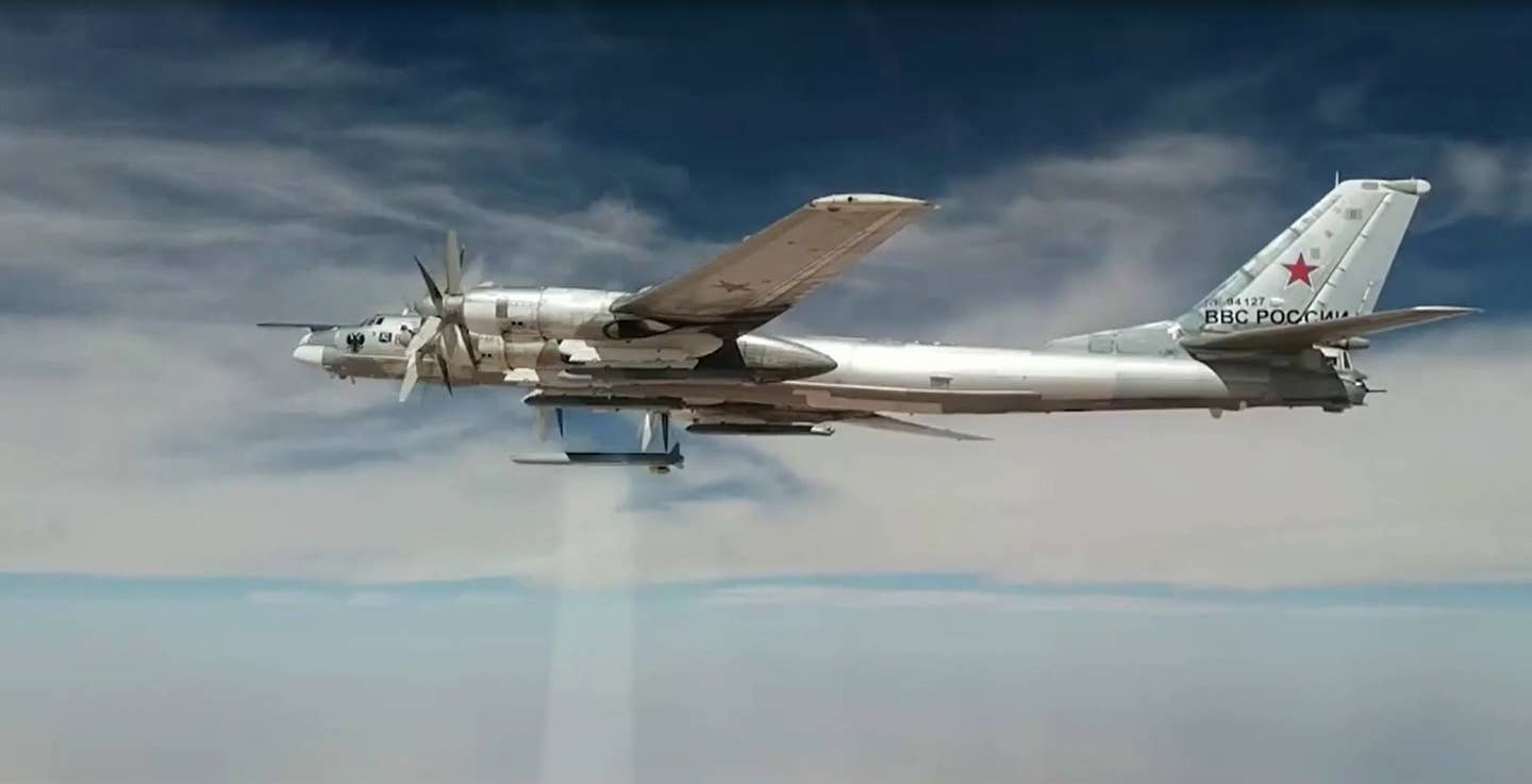 A Tu-95MS launches a Kh-101 cruise missile, during the Syrian campaign in the fall of 2017. <em>Russian Ministry of Defense</em>