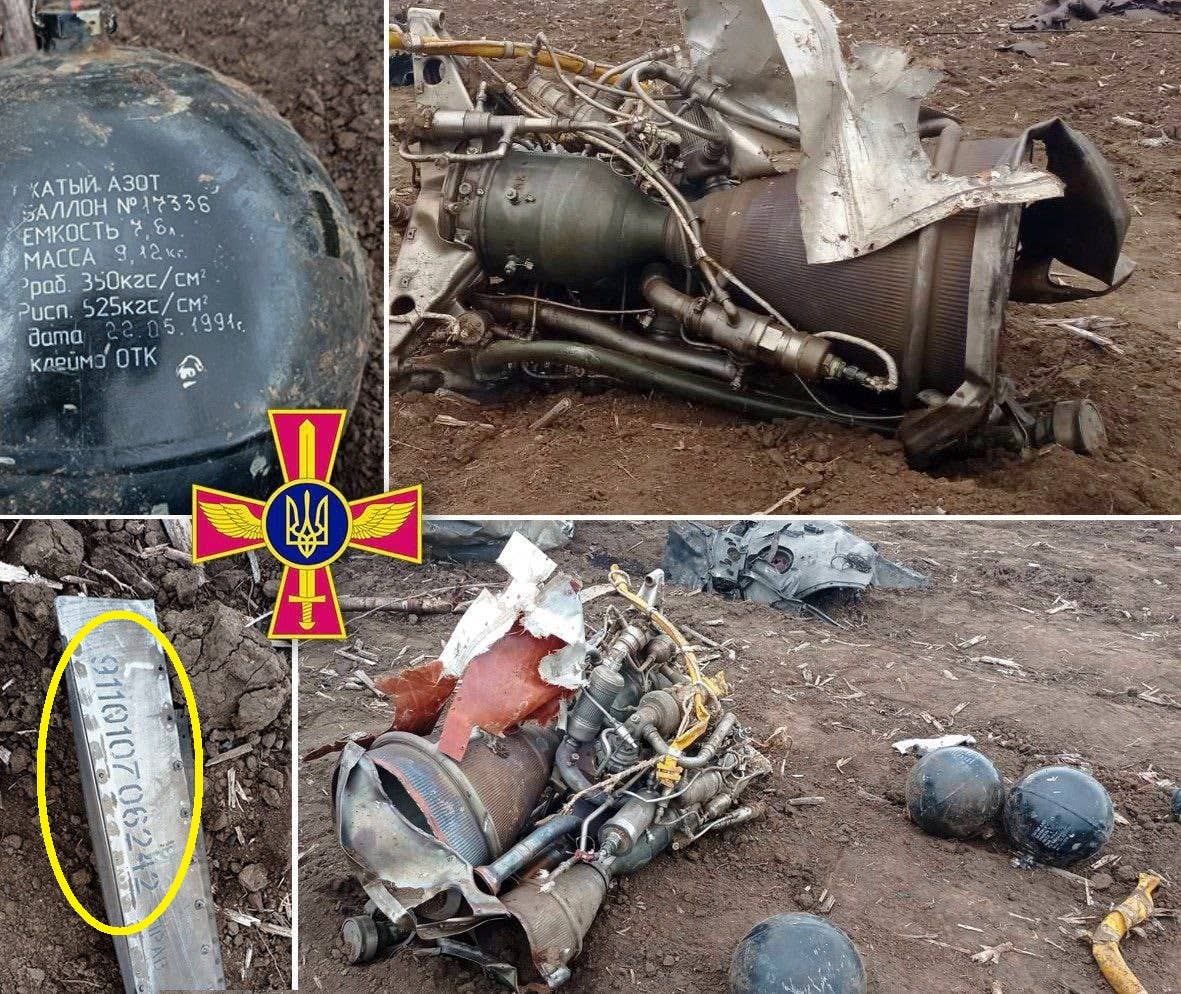 The remains of a Kh-22N missile, which came down on Ukrainian territory, in May 2022. <em>Ukrainian Ministry of Defense</em>