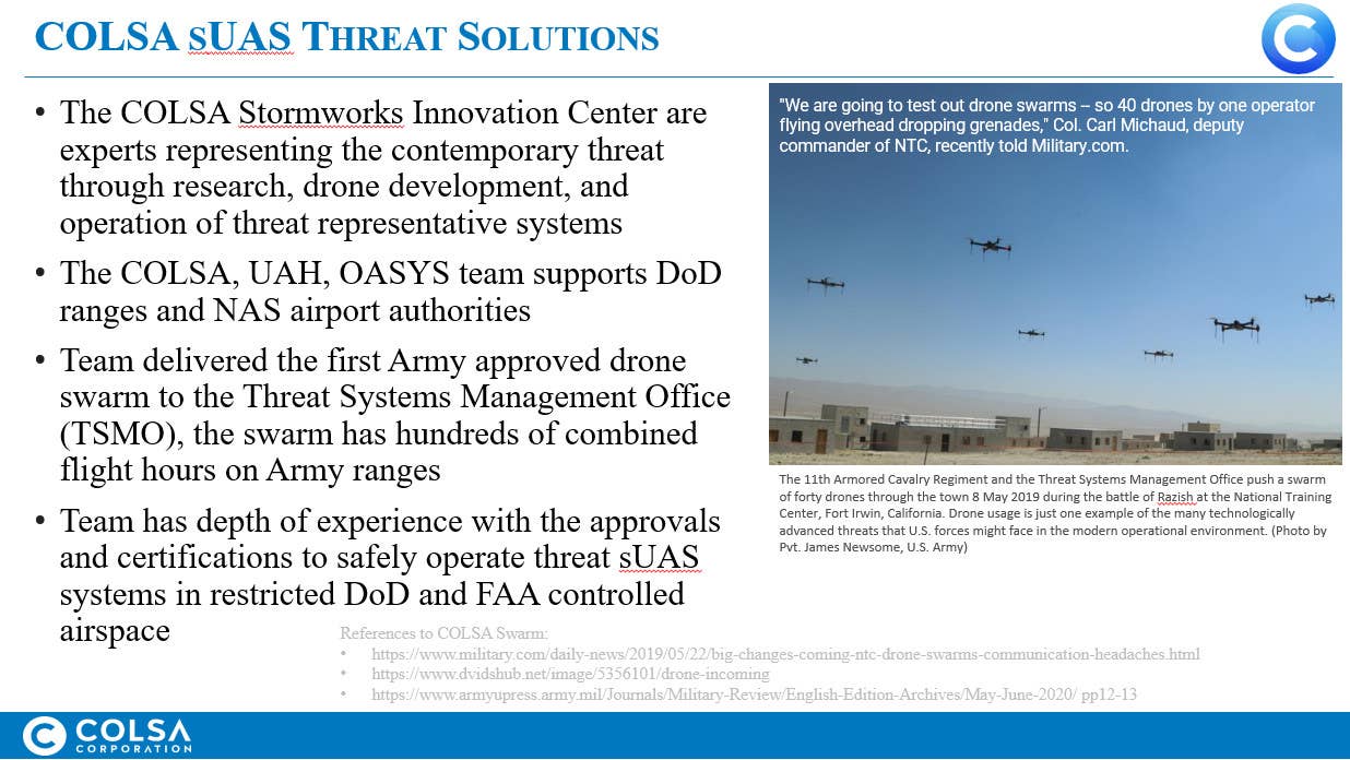 A slide from a 2021 COLSA Corporation briefing discussing the 40-drone swarm. <em>COLSA Corporation</em>