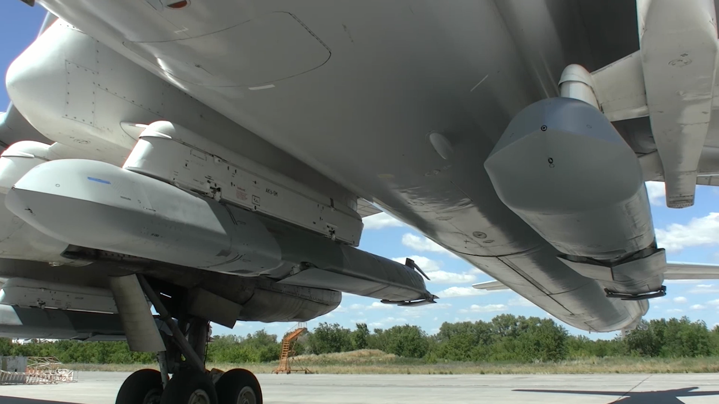 Kh-101s under a Tu-95MS, in July 2022. Note the low-observable design of these missiles, designed to reduce their radar cross-section. <em>Russian Ministry of Defense</em>