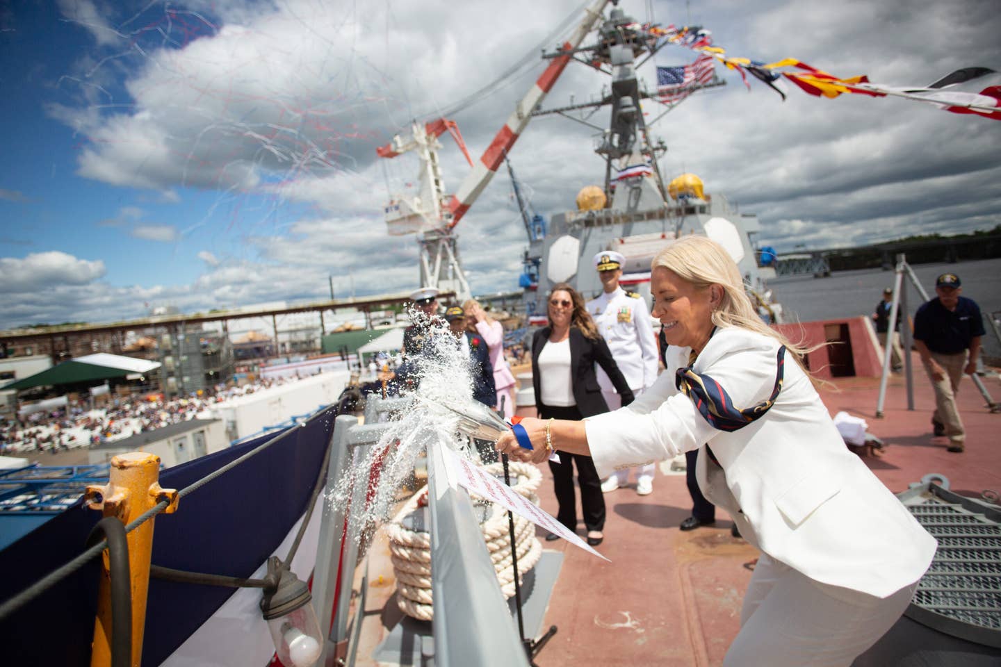 On Saturday, June 18, General Dynamics Bath Iron Works christened the U.S. Navy’s newest guided-missile destroyer, the future <em>USS John Basilone</em>. (General Dynamics Bath Iron Works photo).
