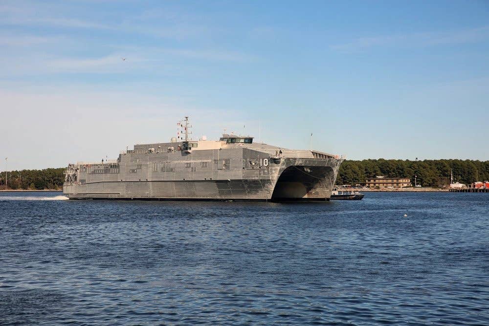 Rep. Elaine Luria (D-Va) is asking if vessels like this Expeditionary Fast Transport ship<em> USNS Burlington</em> can be used to supplement the Navy's Vertical Launch Systems cell capacity. (U.S. Navy photo by Brian Suriani/released)