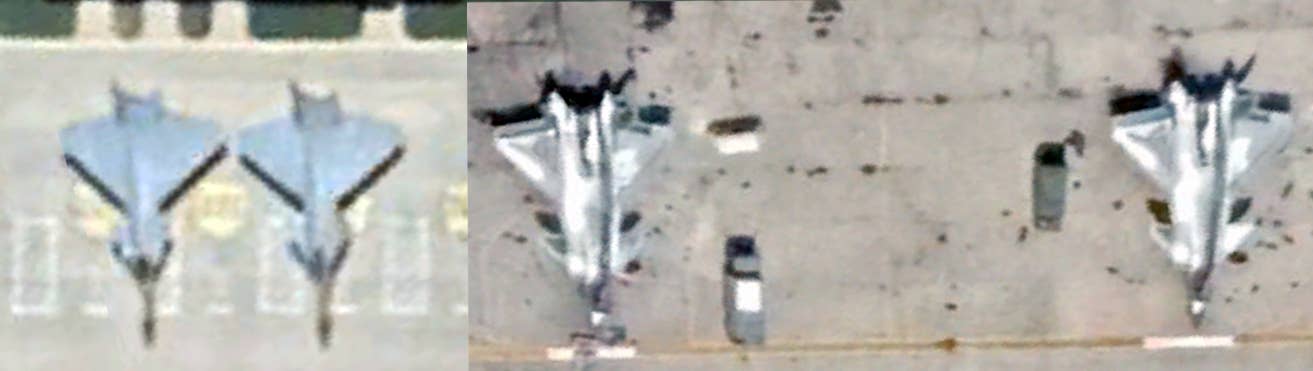 A side-by-side comparison of the ‘shapes’ at Lanzhou (left) and the real J-20 (right). <em>Google Earth</em>