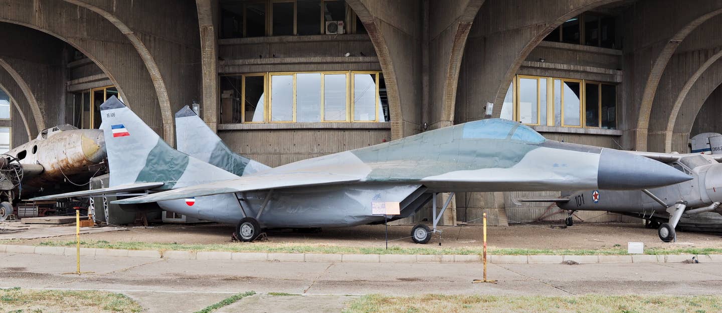 A full-size Yugoslavian MiG-29 decoy that was reportedly hit by a NATO airstrike in 1999 before being restored as an exhibit at the Belgrade Aviation Museum. It was built of wood and metal. <em>Petar Milošević/Wikimedia Commons</em>