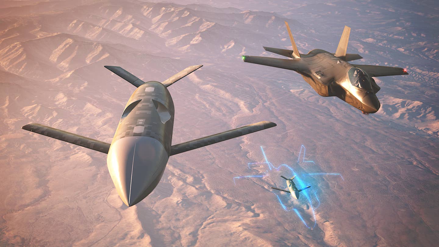 A rendering showing Speed Racer-derived  Common Multi-Mission Truck (CMMT) drones flying together with an F-35 Joint Strike Fighter.