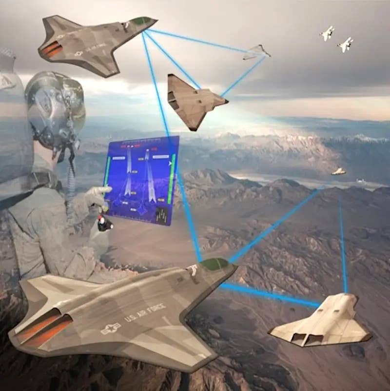 A now-dated US Air Force graphic depicting a more traditional and rigid 'loyal wingman' crewed-uncrewed teaming concept. <em>USAF</em>