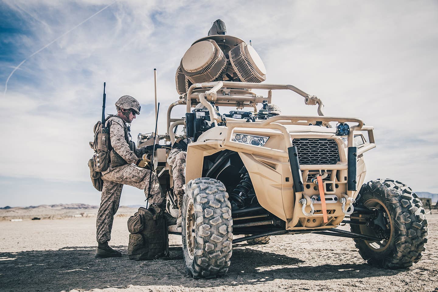 The US Marine Corps' all-terrain vehicle-mounted Light Marine Air Defense Integrated System is an example of a counter-drone jamming system currently in service. <em>USMC</em>