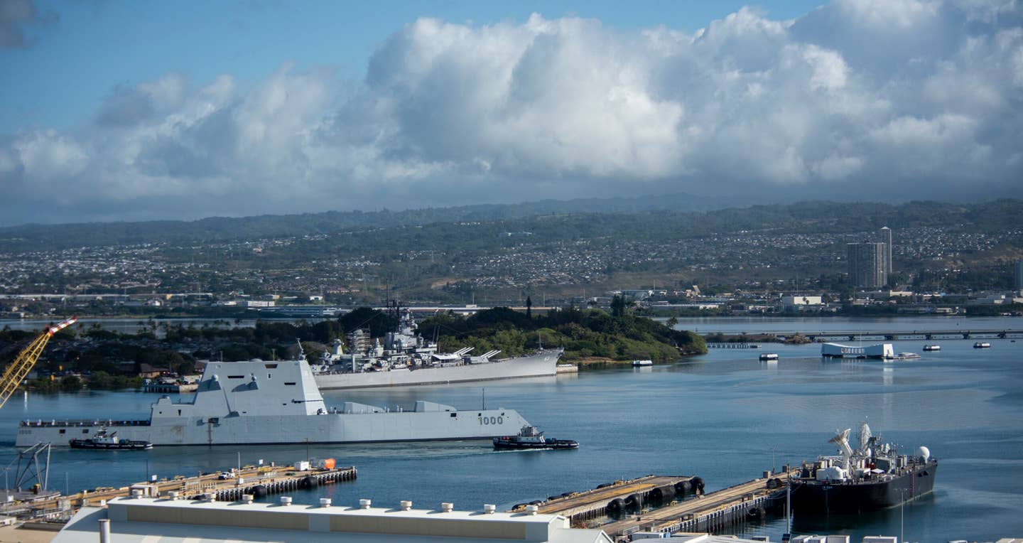 The lead ship of the U.S. Navy’s newest class of guided-missile destroyers, USS <em>Zumwalt</em> (DDG 1000), arrives in Pearl Harbor on April 2 during a scheduled port visit. <em>Credit: U.S. Navy photo by Mass Communication Specialist 1st Class Corwin M. Colbert</em>