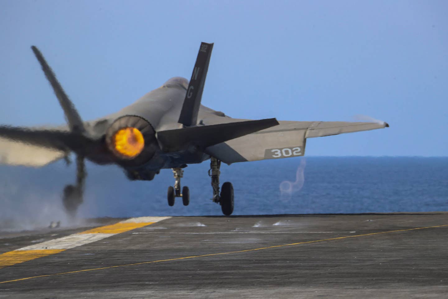 An F-35C, assigned to Marine Fighter Attack Squadron (VMFA) 314, launches from the flight deck of the aircraft carrier USS <em>Abraham Lincoln</em> (CVN-72). <em>U.S. Navy photo by Mass Communication Specialist 3rd Class Javier Reyes</em>